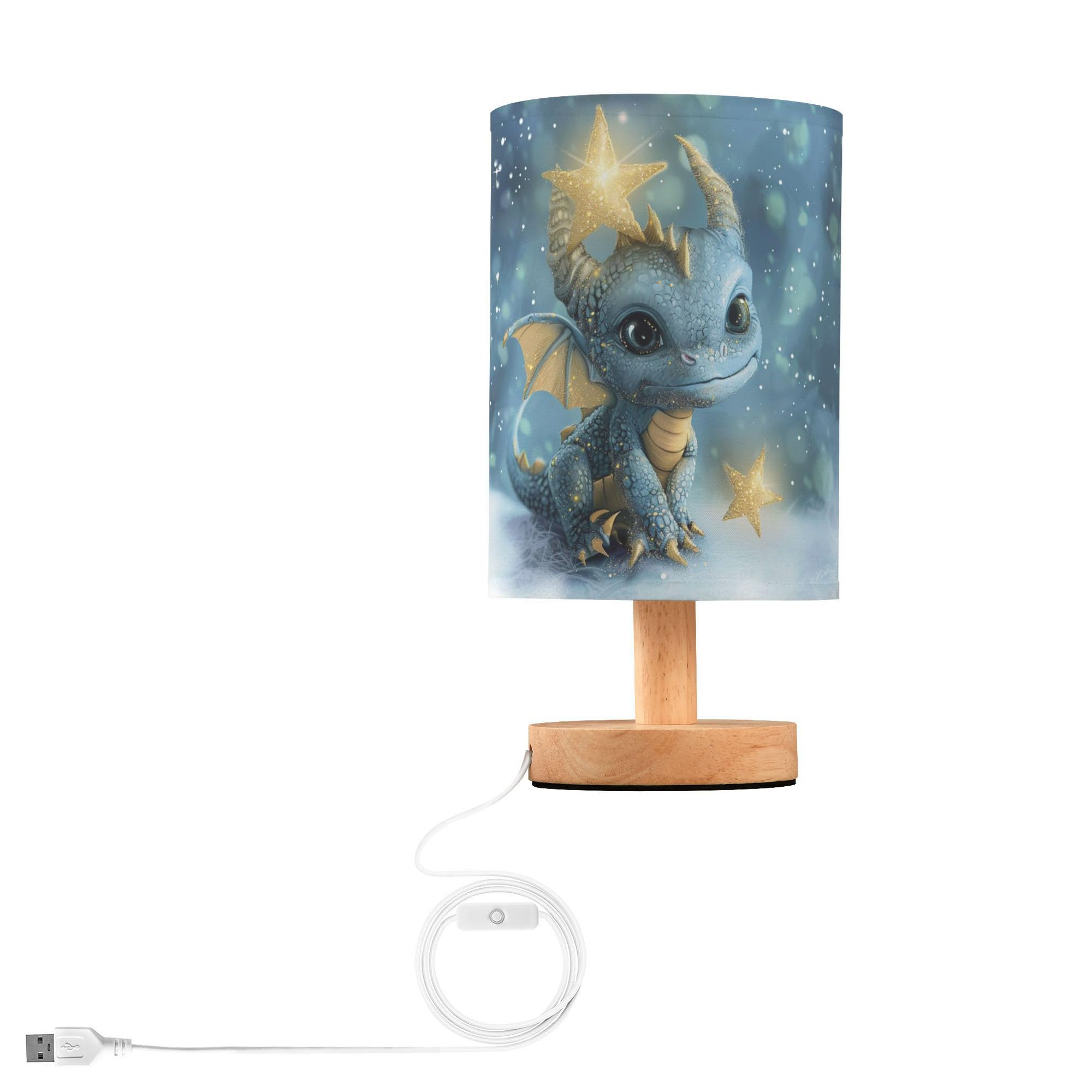 Yyzzh Table Lamp Watercolor Dragon Baby Animal Nightstand Lamp With Wood Base Fabric Lamp Shade Bedside Desk Lamp For Living Room Bedroom Kids Room Office