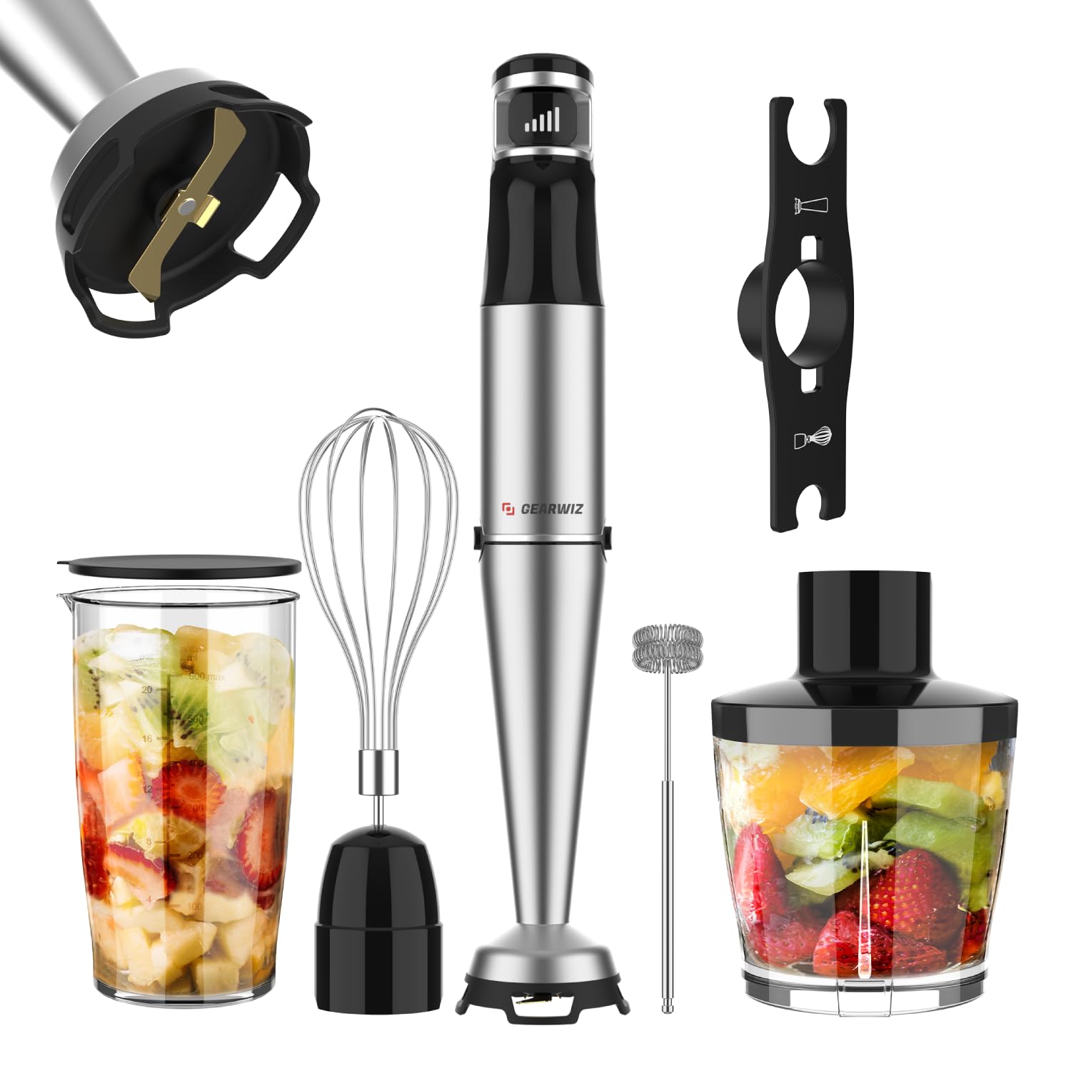Gearwiz 1100W Corded Hand Blender – 6-In-1 Stick Blender – Variable Speed Immersion Blender With Titanium Blades – Corded Blender With Whisk Chopper Frother Storage Holder & Silicone Cover