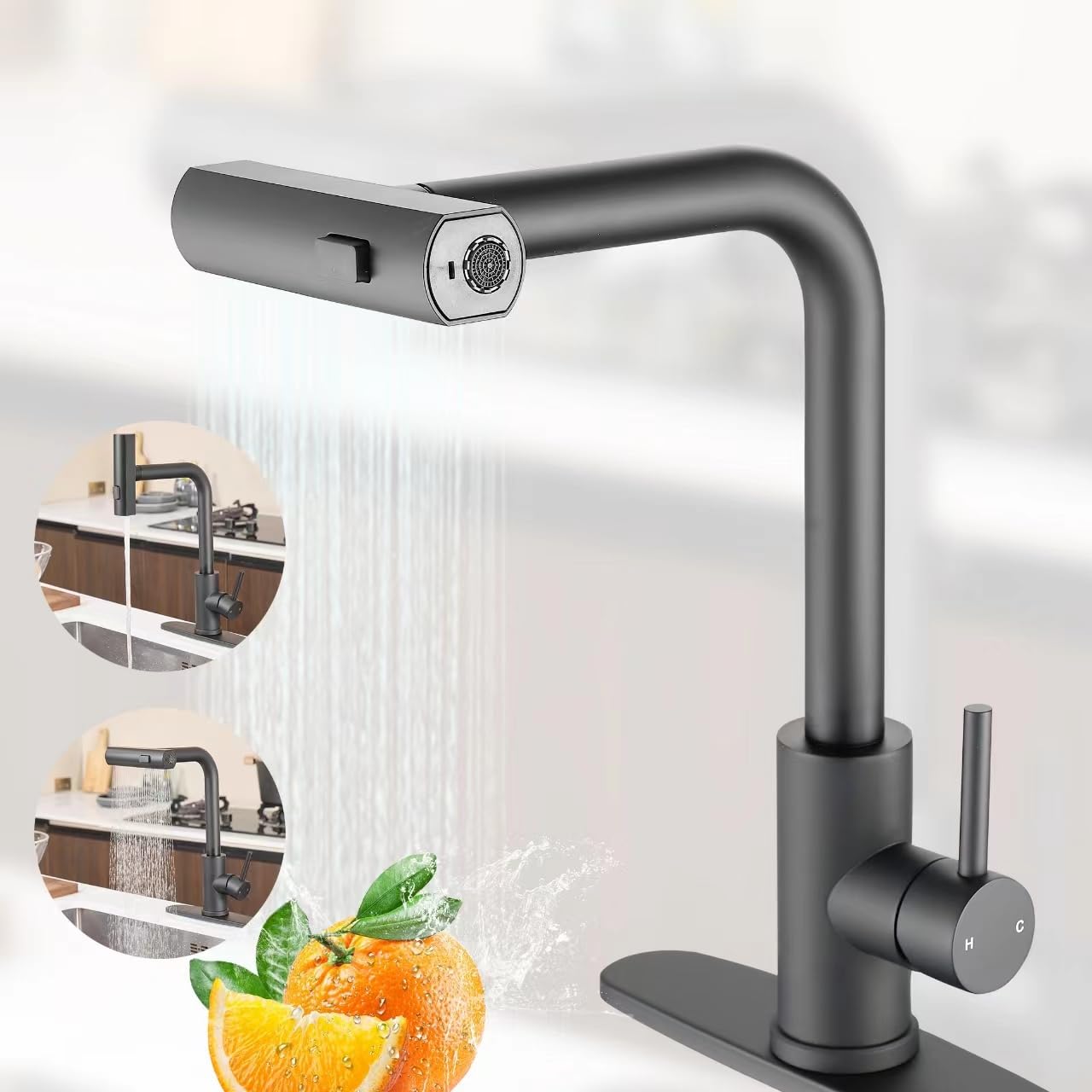 Fransiton Waterfall Kitchen Sink Faucet With Pull Down Sprayer, 3 Modes(Sweep/Stream/Waterfall) Rotary Switch Stainless Steel Commercial Modern Faucet For Kitchen Sink Single Handle Black Sink Fuacet