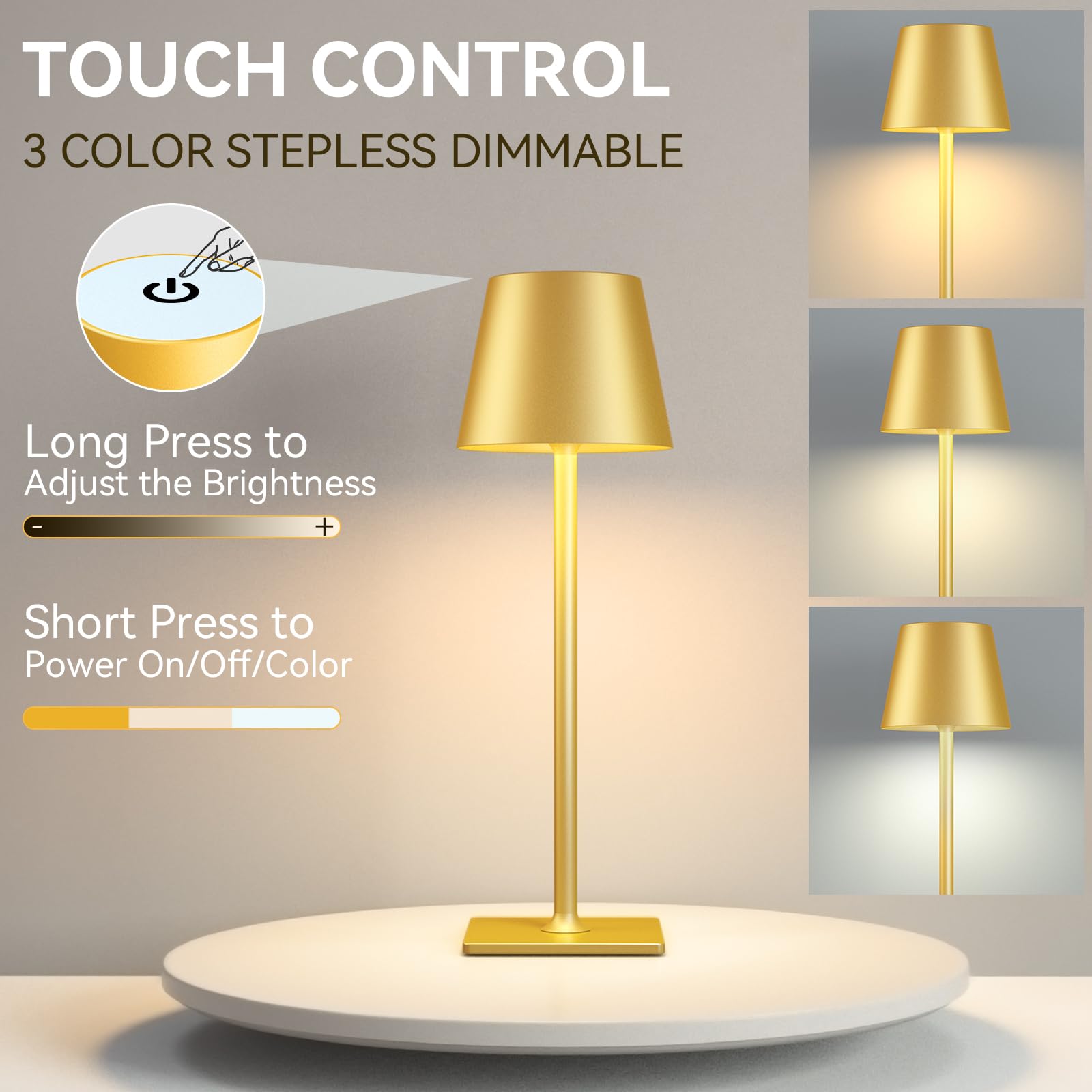 Yogaret 2 Pack Gold Rechargeable Table Lamps,Cordless Lamp With 6000Mah Battery Operated,Wireless Lamp For Restaurant Home Dinner Dining Kitchen Outdoor Patio,Waterproof & Portable