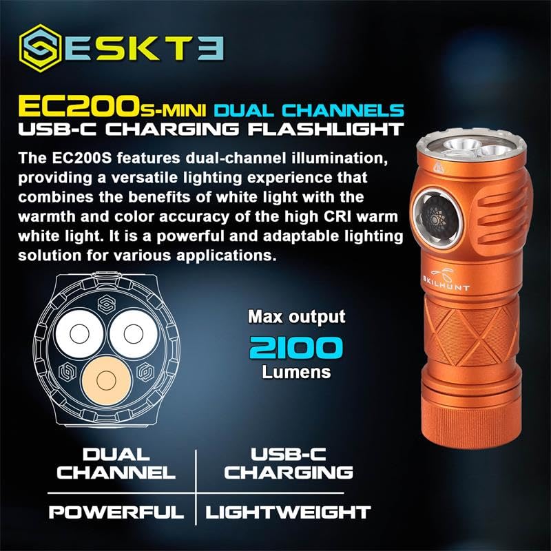 Skilhunt Ec200S-Mini 2100+570 Lumens Dual Channel Powerful Edc Usb-C Rechargeable Led Flashlight - Lightweight, Compact Pocket Light Camping Hiking Running Waterproof Outdoor (Cool White 6500K, Orange)