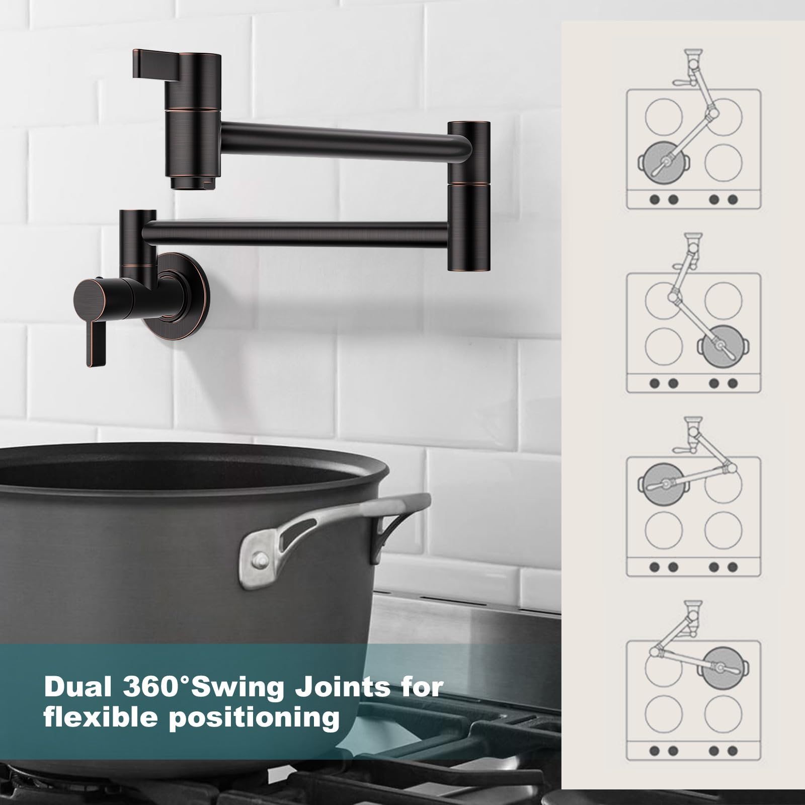 Arcora Pot Filler Faucet Oil Rubbed Bronze, Traditional Pot Filler Wall Mount 2 Handle With Double Joint Swing Arms Brass Stove Faucet