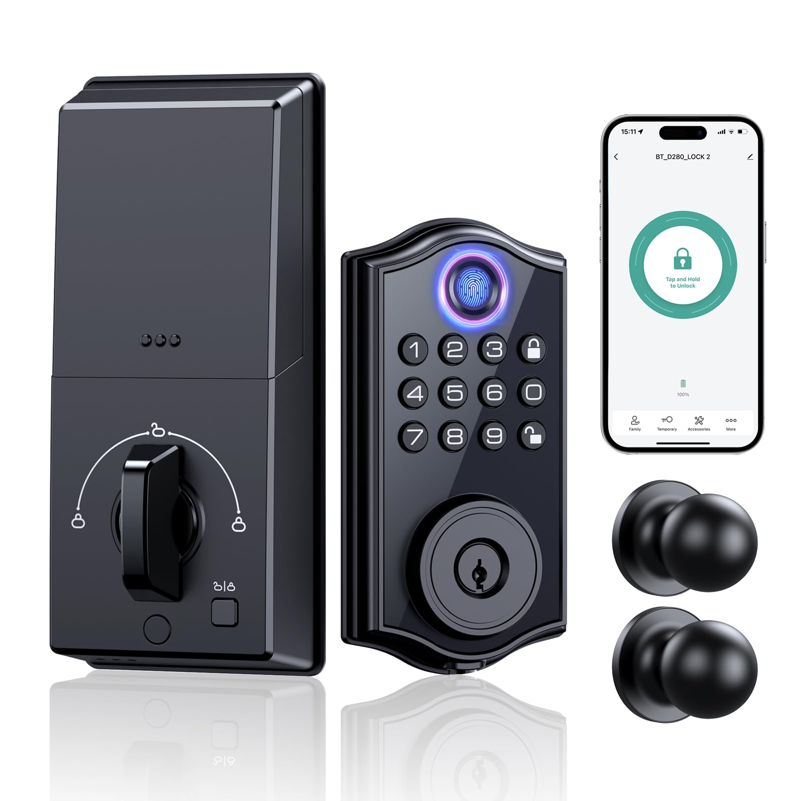 Dhilldsa Smart Locks For Front Door,App Control Keyless Entry Fingerprint Door Lock,Keypad Deadbolt Set With Handle,Easy Installation,Auto-Lock,(Matte Black)