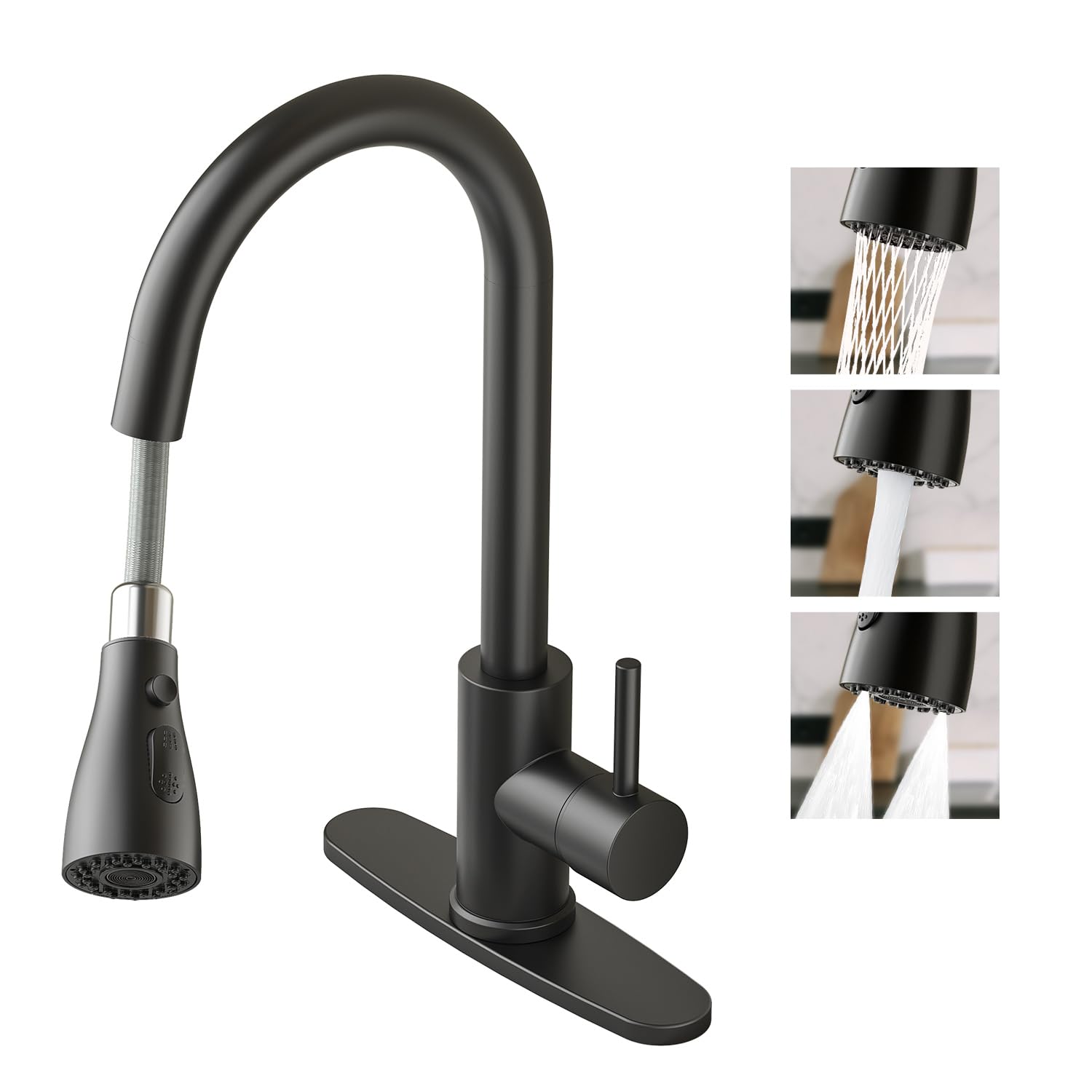 Oersitor Kitchen Faucet With Pull Down Sprayer,Stainless Steel Single Handle Kitchen Faucet,Multiple Modes Switch Water,1/3 Hole, Deck Plate Included (Black)