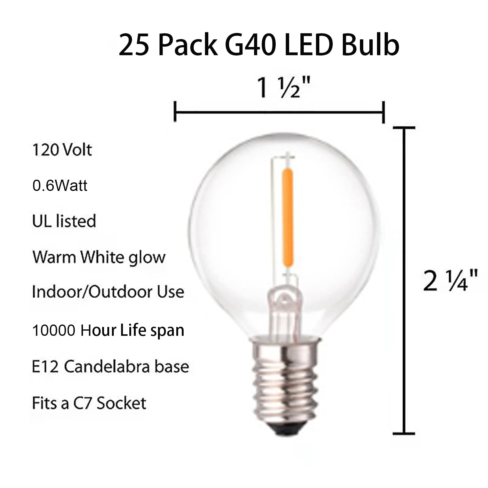 Chyparty G40 Led Replacement Light Bulbs, 0.6W Shatterproof Globe Bulb, E12 Candelabra Base, 1.5 Inch Dimmable G40 Bulbs For Outdoor String Lights, Patio Light Decor- Warm White 25 Pack
