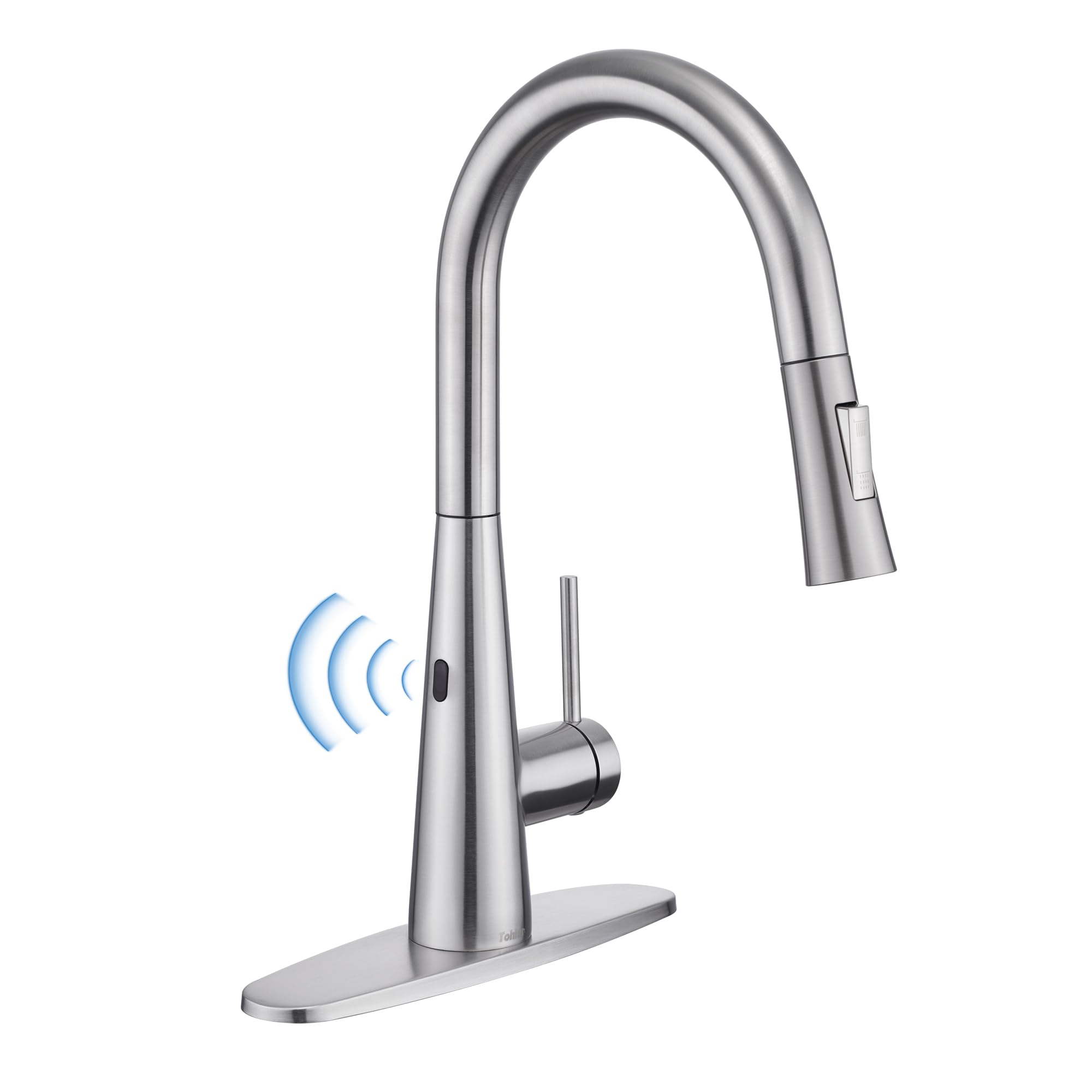 Tohlar Touchless Kitchen Sink Faucets With Pull Down Sprayer Brushed Nickel, Modern Side Sensor Faucet For Sink 3 Hole, Single Handle Stainless Steel Kitchen Faucet With Deck Plate
