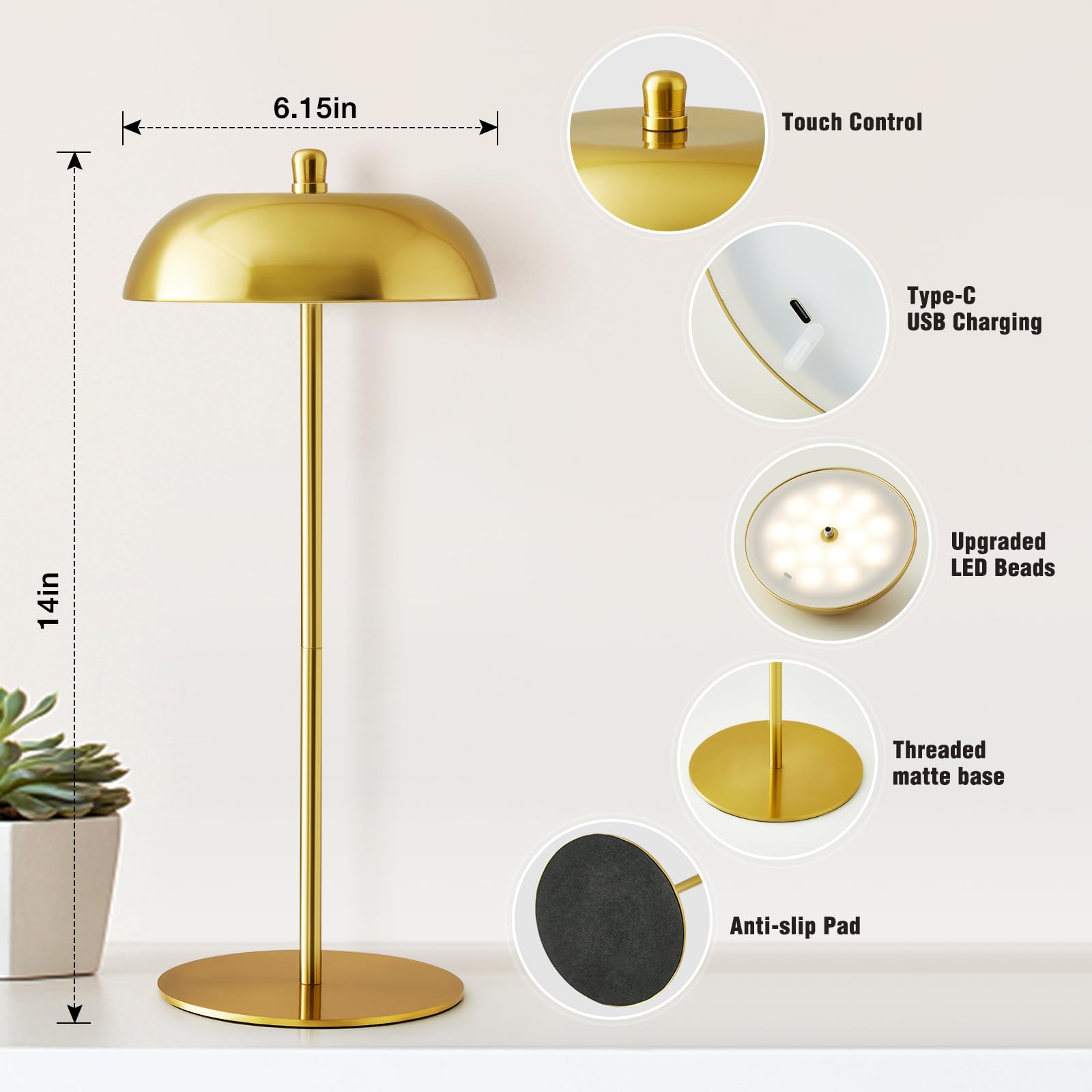 Ejiaxin Cordless Table Lamp Rechargeable - Battery Operated Adjustable Height Led Desk Lamp 3 Way Dimmable Touch Nightstand Reading Lamp - Small Bedside Table Lamp For Dorm Home Bedroom Office Gold