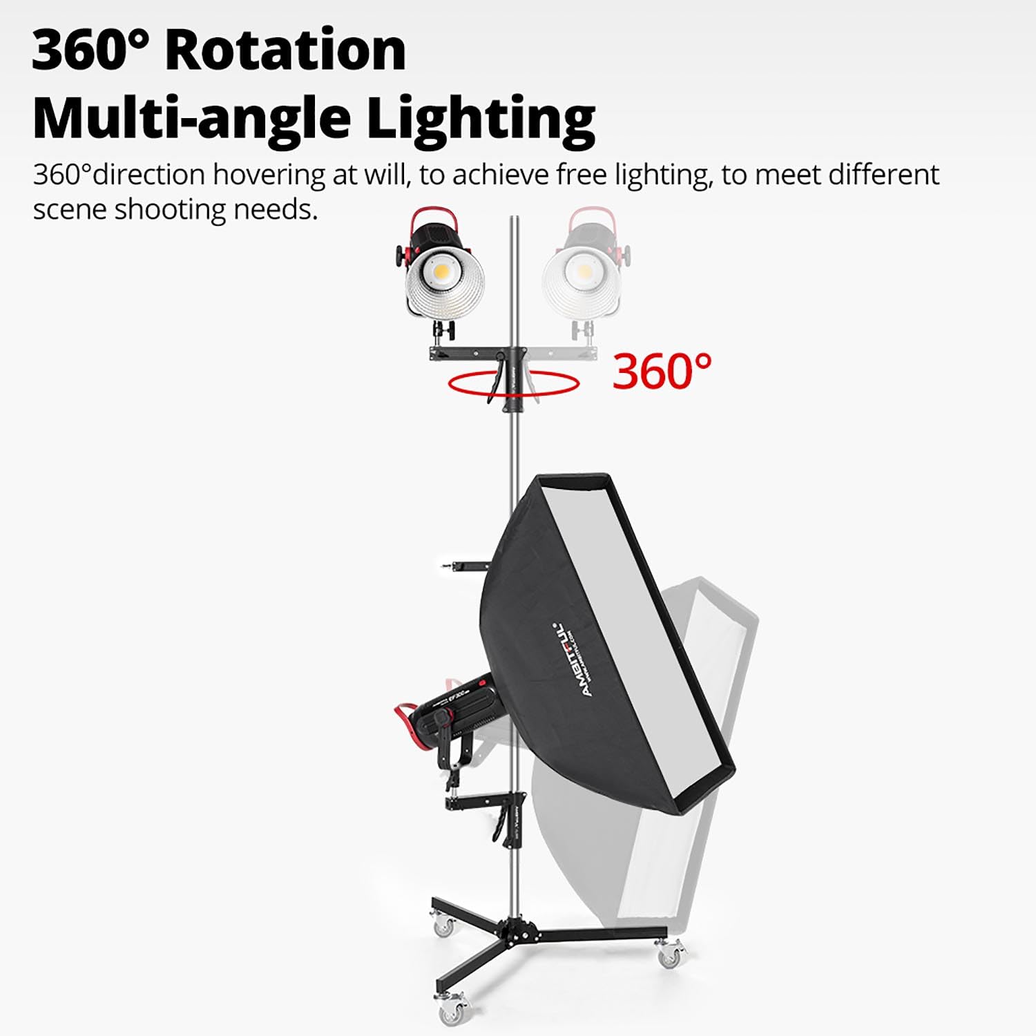 Ambitful Al250 Steel Wheeled Mobile Heavy Duty Light Stand For Photography W/Sliding Grip Arm & Chrome-Plated Column Stand, Maxsuitable For Studio Camera, Monolight, Softbox, Umbrella