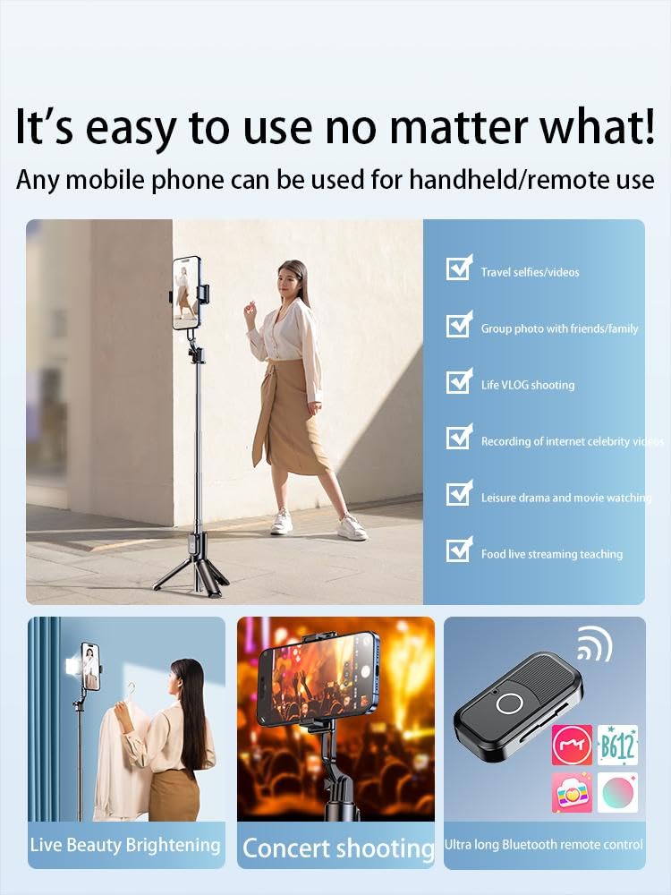 Ancbd Wireless Remote Control Portable Mobile Phone Selfie Stick Tripod, Aluminum Alloy Integrated Smartphone Tripod Stand, Suitable For 15 14 13 12 Pro Xs Max X 8Plus/ Samsung/Gopro/Android Phon