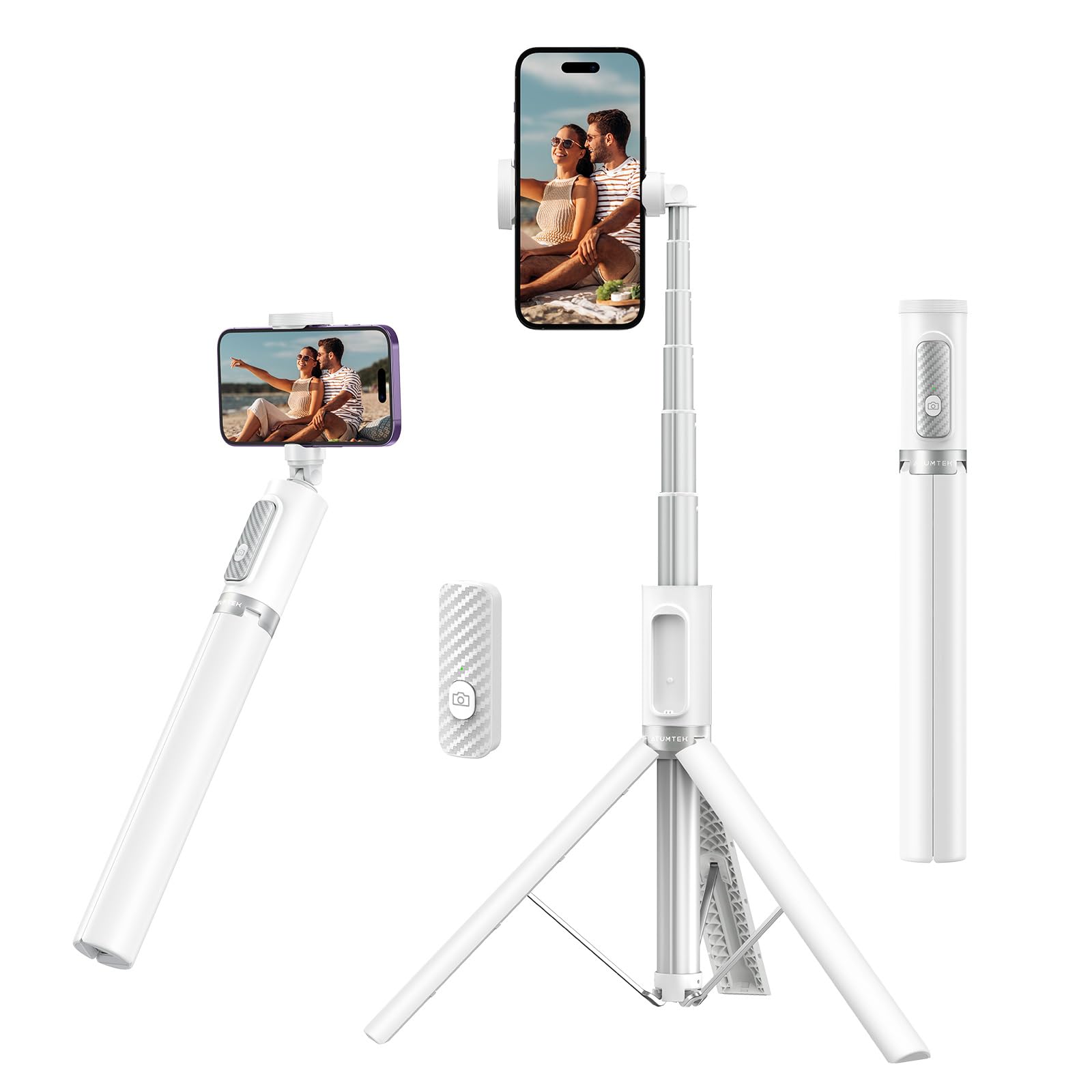 Atumtek 55" Selfie Stick Tripod, All-In-One Extendable Aluminum Phone Tripod With Rechargeable Bluetooth Remote, 360 Rotatable For Iphone 15 Pro Max/15/14/13 Samsung Smartphones, White