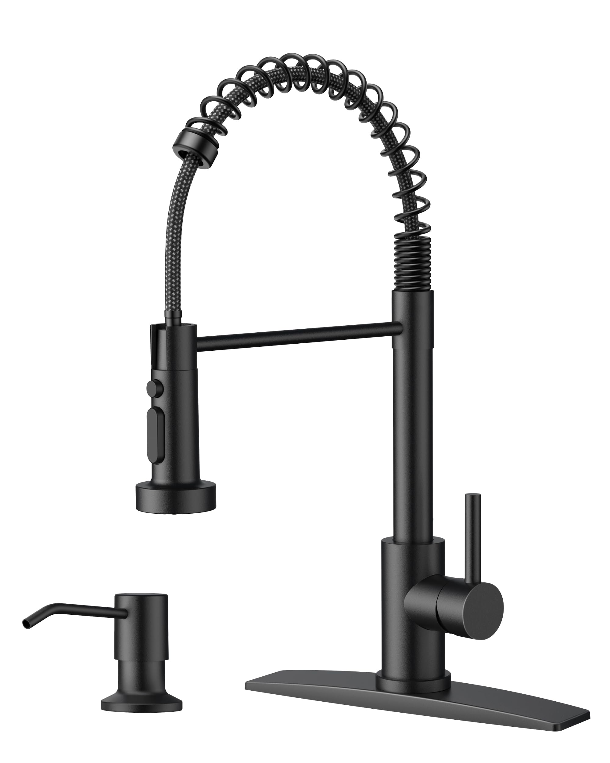 Forious Black Kitchen Faucet With Soap Dispenser, Stainless Steel Single Handle Spring Commercial Sink Faucet With Pull Down Sprayer For Rv Camp Bar Farmhouse