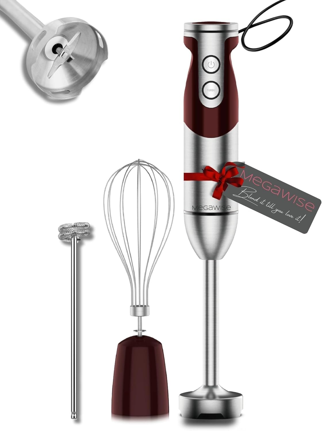 Megawise 3-In-1 Hand Blender Set With Variable Speed Control, 400W Immersion Blender Includes Whisk, Milk Frother, Chopper, And Beaker For Smoothies, Soups, And Baby Food (Red)