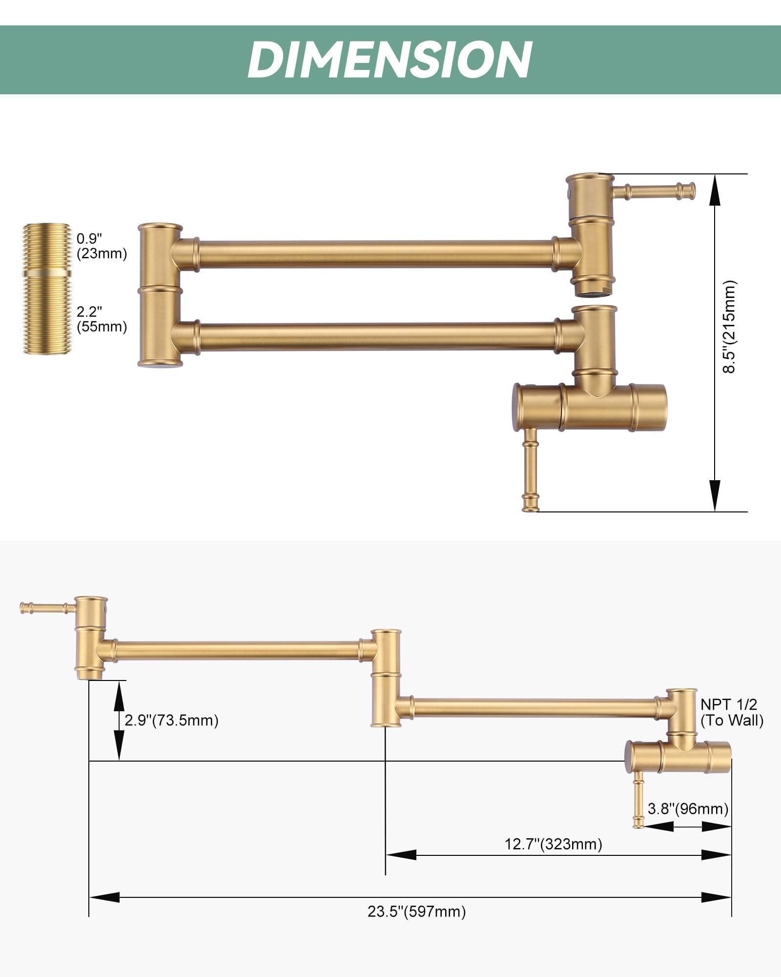 Aleasha Brushed Gold Pot Filler Faucet, Folding Kitchen Faucet Single Hole 2 Handle Wall Mount Over Stove