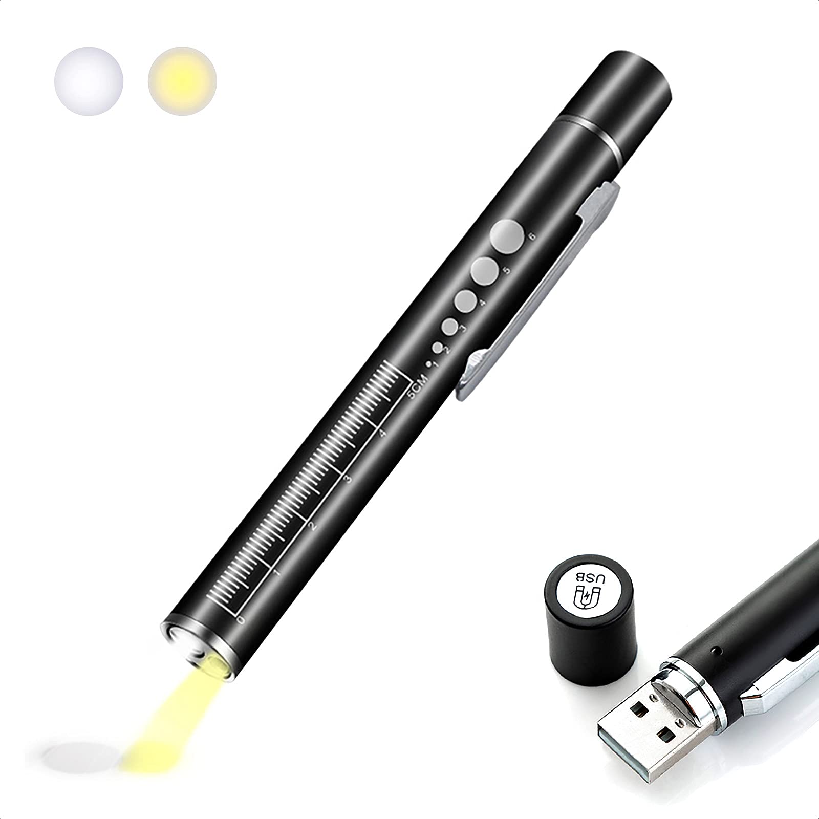 Aleoed Usb Rechargeable Pen Light Black Reusable Led For Students Doctors Nurses With 2 Led Sources, Extra Warm Light Bulb, Pocket Clip