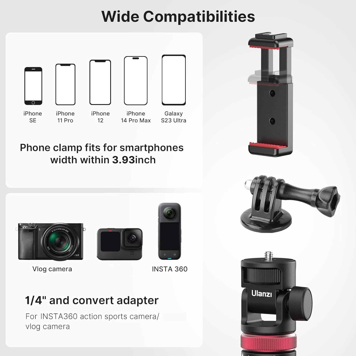 Uurig 57.48 Inch Extendable Selfie Stick Phone Tripod For Action Camera W Smartphone Clamp Extension Pole, For Gopro For Sony Canon Vlogging Cams For Iphone 14 13 Pro Max Ulanzi Mt-71