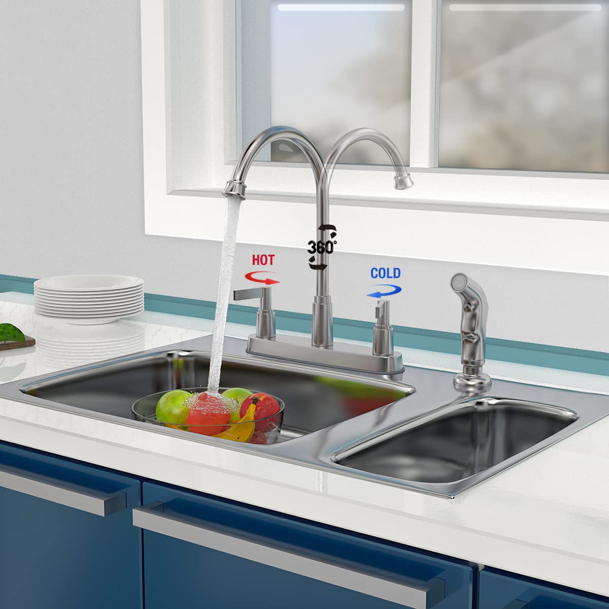 Gowin Kitchen Faucet With Side Sprayer,2 Handle Kitchen Sink Faucet,Kitchen Faucets For Sink 3 Hole Or 4 Hole,High Arc Stainless Steel 8 Inch Centerset (Brushed Nickel)
