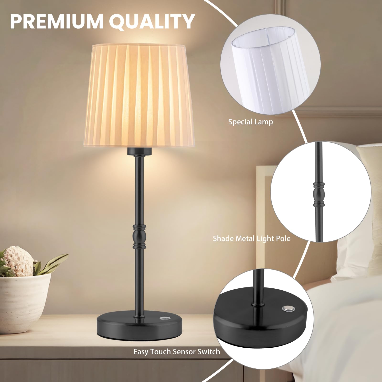 Gernehop Cordless Led Table Lamp Set Of 2, Modern Portable Small Table Lamp With Touch Stepless Dimming,Built-In 5000Mah Rechargeable Battery Wireless Desk Lamps For Restaurant/Bedroom/Bars/Coffee Shop Black