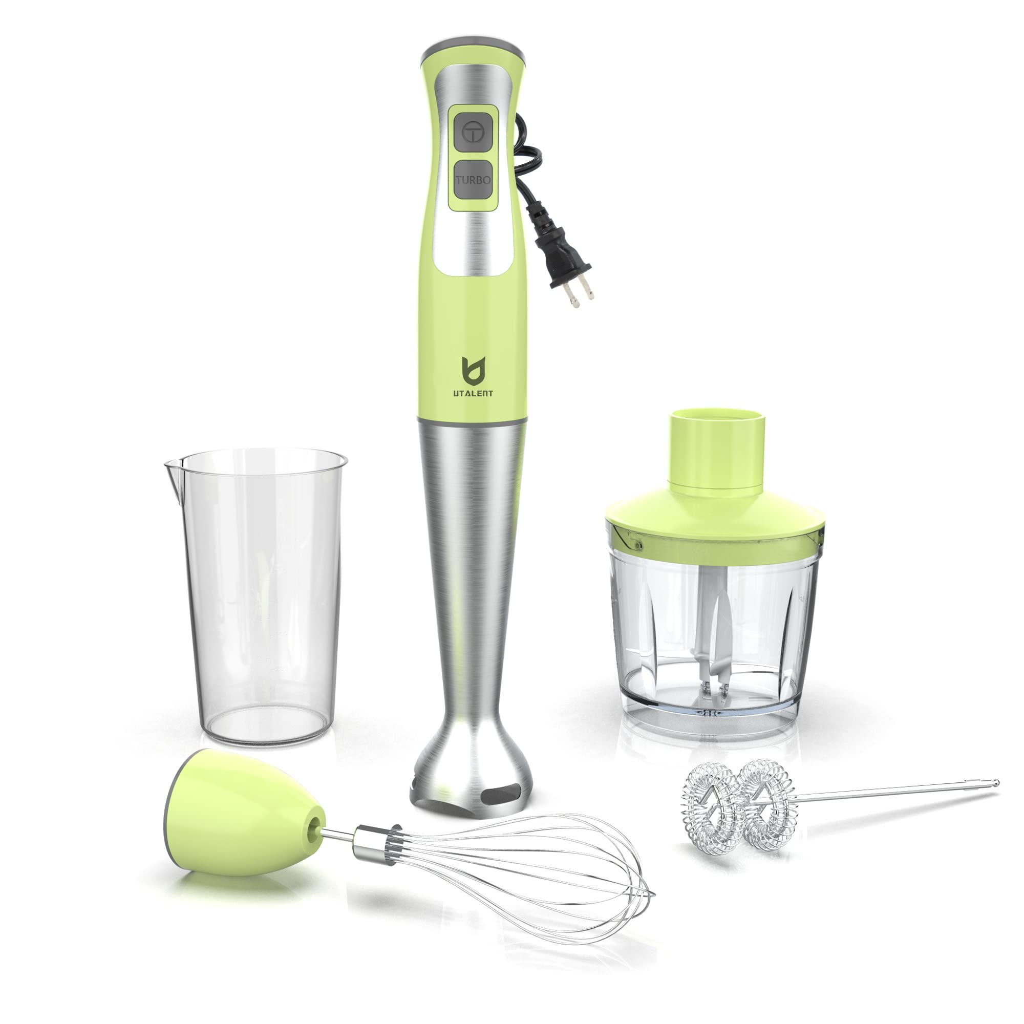 Utalent Immersion Hand Blender, 5-In-1 8-Speed Stick Blender With 500Ml Food Grinder, Bpa-, 600Ml Container,Milk Frother,Egg Whisk,Puree Infant Food, Smoothies, Sauces And Soups Green