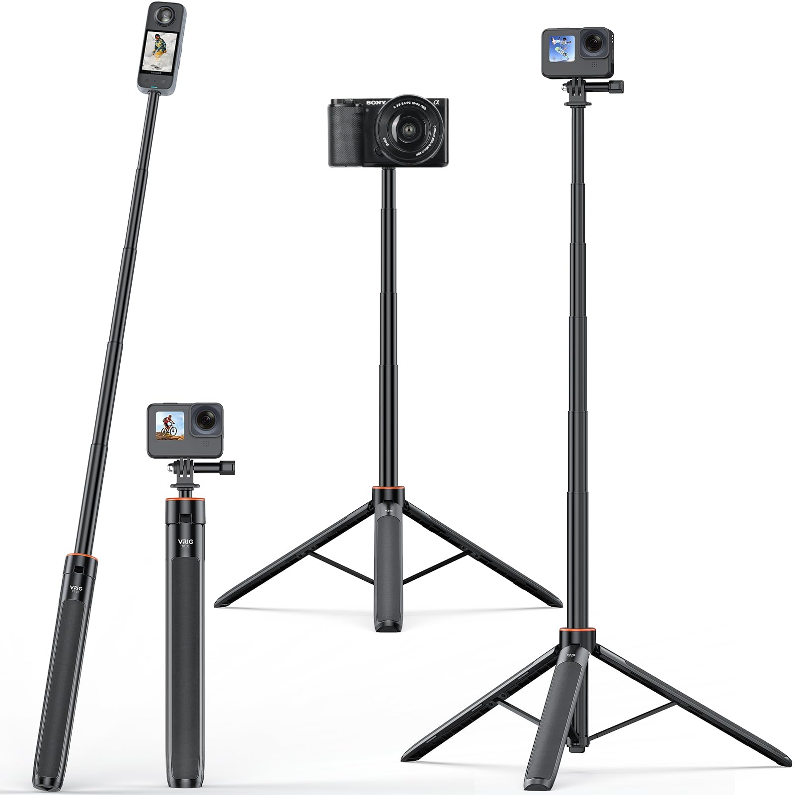 Uurig Vrig Extendable Selfie Stick Tripod For Gopro Max Hero 10 9 8 7 6 5 4, Dji Osmo Action, Insta 360 One R And More Action Camera(55.1'')