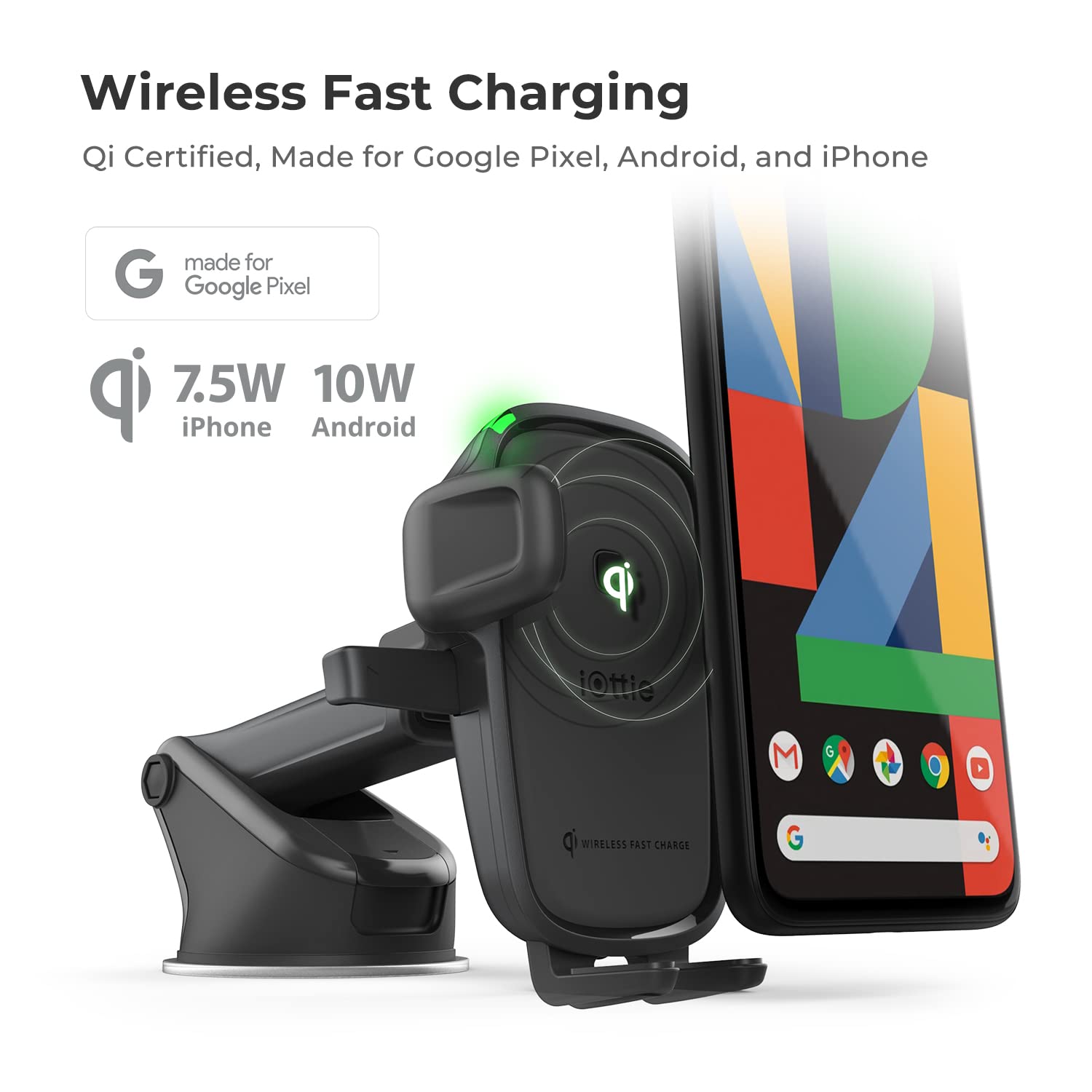 Iottie Car Charger Easy One Touch Wireless 2 Qi Charging Dashboard Phone Mount For Iphone, Samsung Galaxy, Huawei, Lg, Smartphones