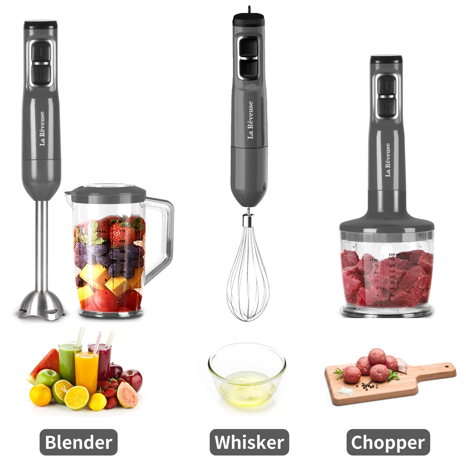La Reveuse Immersion Blender Handheld, 3 In 1, 300 Watts 2 Speeds Multi-Purpose With Whisk,Mixing Beaker,Food Chopper Grinder Attachments