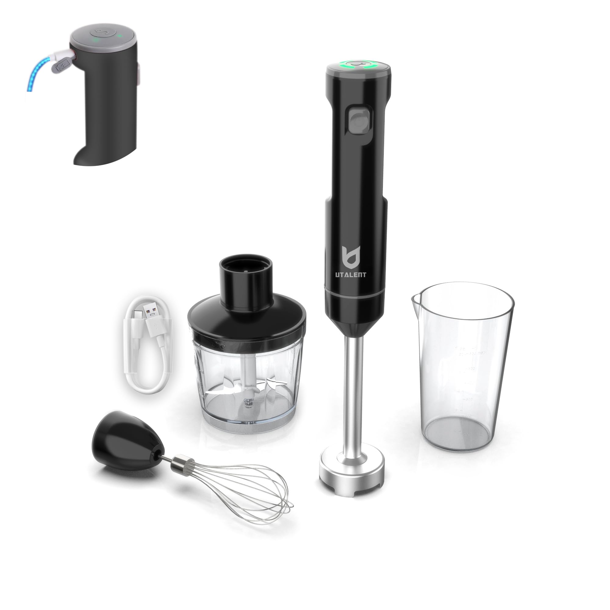 Utalent Cordless Hand Blender, Variable Speed Immersion Blender Rechargeable, With 500Ml Chopper, 600Ml Container, Egg Whisk, For Smoothies, Baby Food And Soups – Black