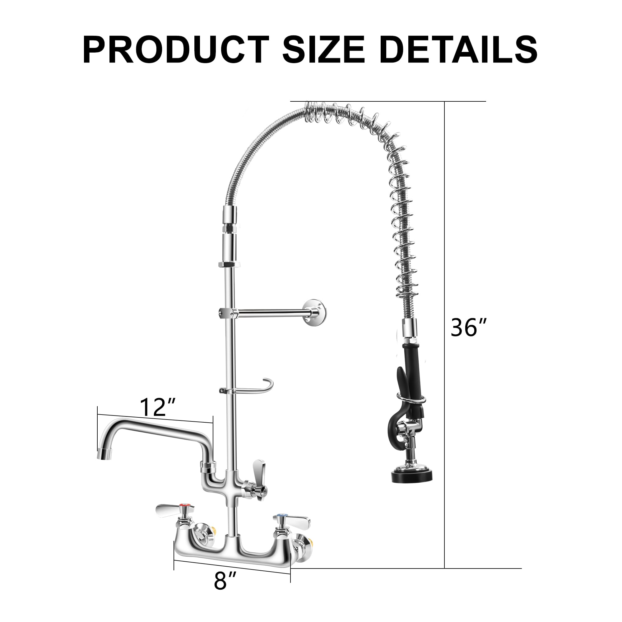Hardura Restaurant Equipment Hardura Commercial Sink Faucet With Sprayer Wall Mount For Utility Sink, Kitchen Faucet Lead- Brass With 8" Center And 12" Swing Spout, 36" Adjustable Sprayer With 1.42 Gpm Flow Rate