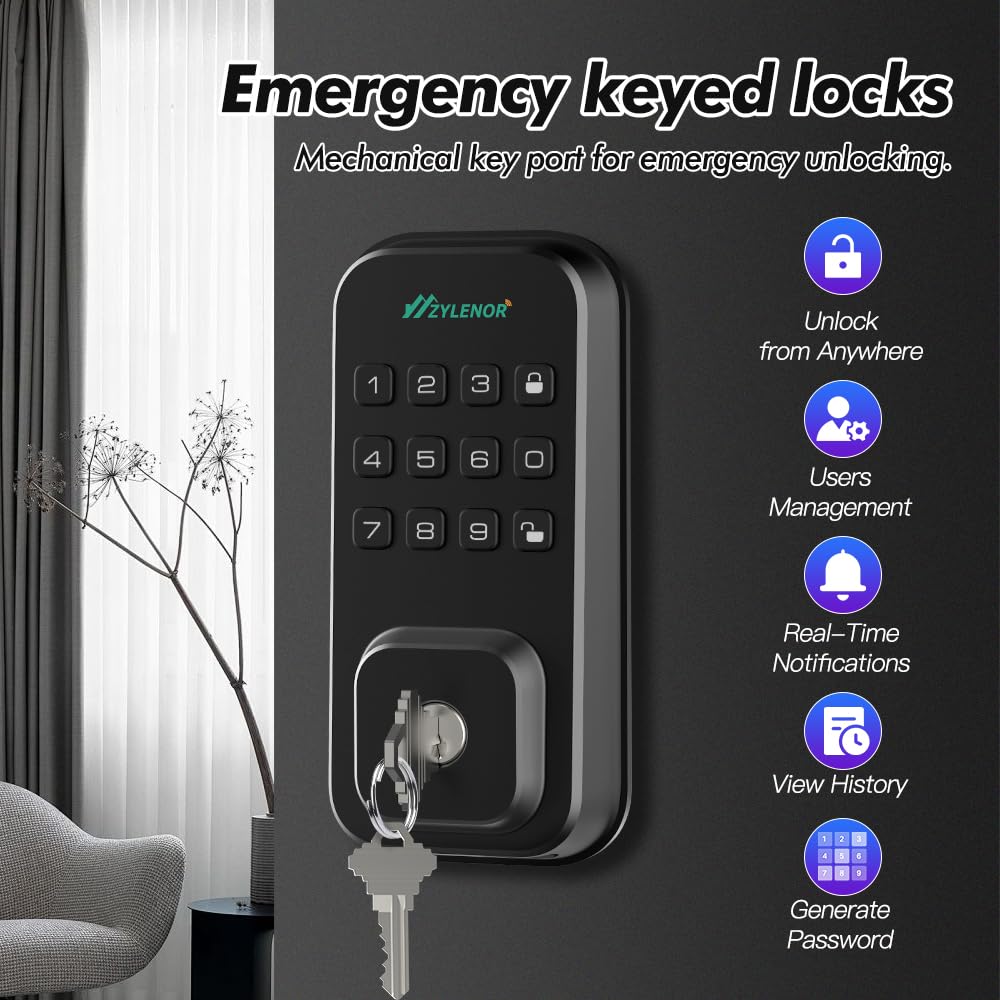 Zylenor Keyless Entry Door Lock, Smart Lock For Front Door With Digital Keypad, Built-In Wifi Deadbolt, App Remote Control With Easy Installation,  Battery Life