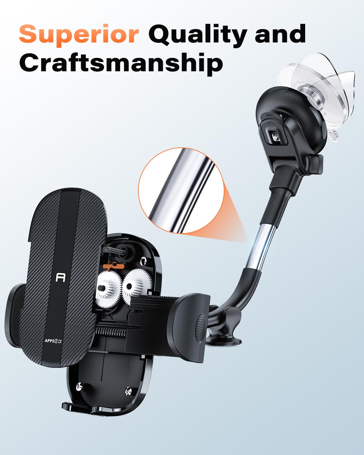 Apps2Car Cell Phone Holder For Car Dashboard Windshield Phone Mount For Car Long Arm Car Phone Holder Mount Strong Suction Cup Anti-Shake Stabilizer Compatible For Iphone, Samsung, All Smartphones