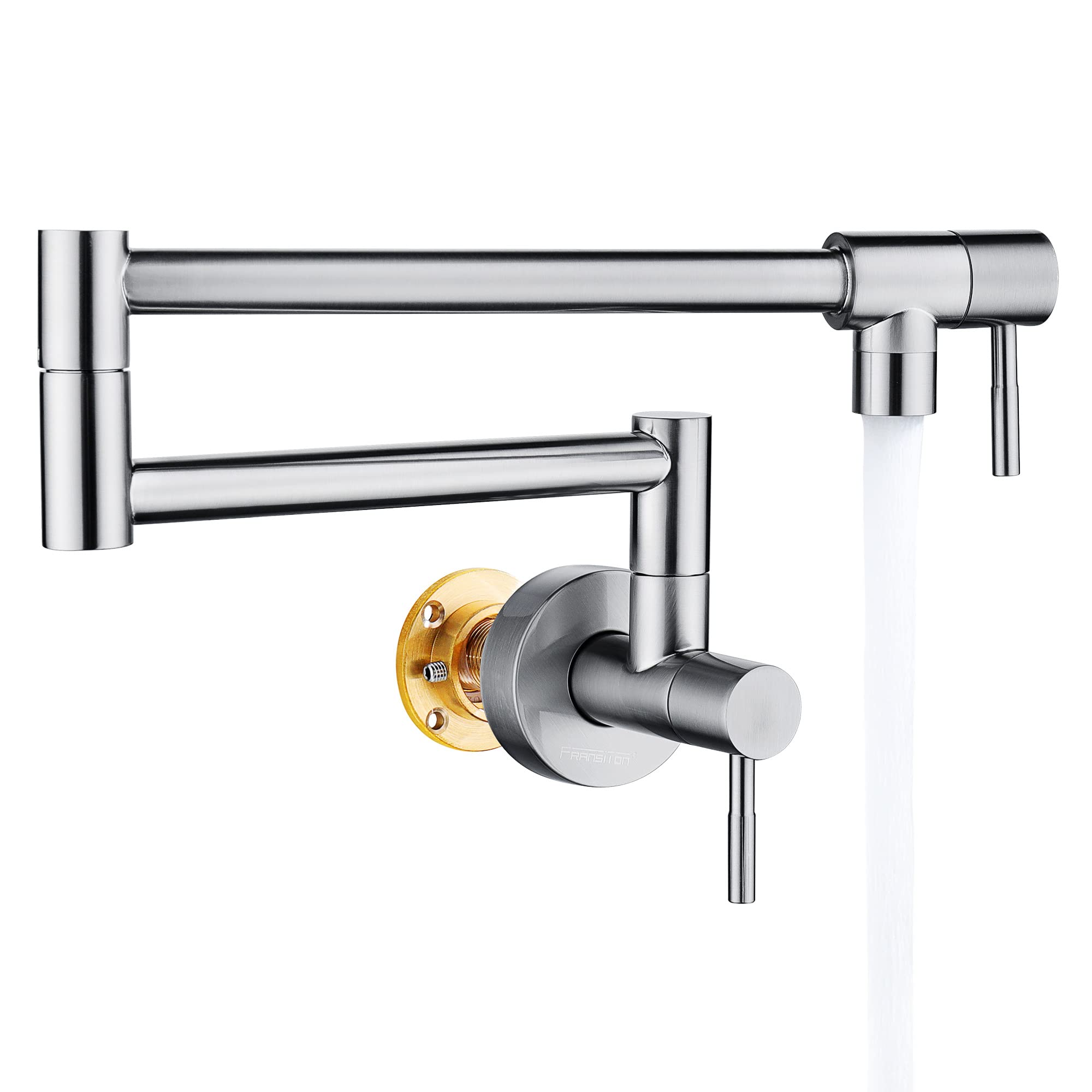 Fransiton Brushed Nickel Pot Filler, Pot Filler Faucet Wall Mount, Brass Folding Stretchable With Double Joint Swing Arm Single Hole Two Handles Kitchen Restaurant