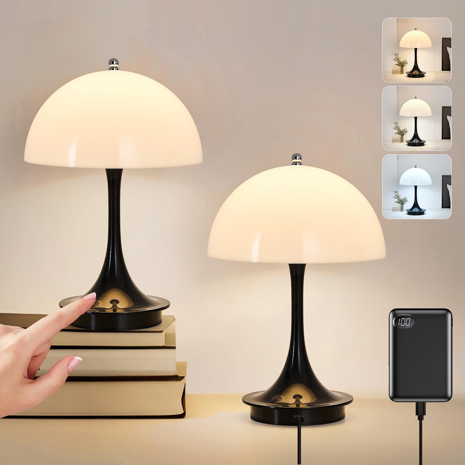 Fivootvi 2 Pack Rechargeable Table Lamp Set Of 2 Portable Battery Operated Beside Lampblack Dimmable Led Cordless Night Light For Bedroom Dining Room Kitchen Office