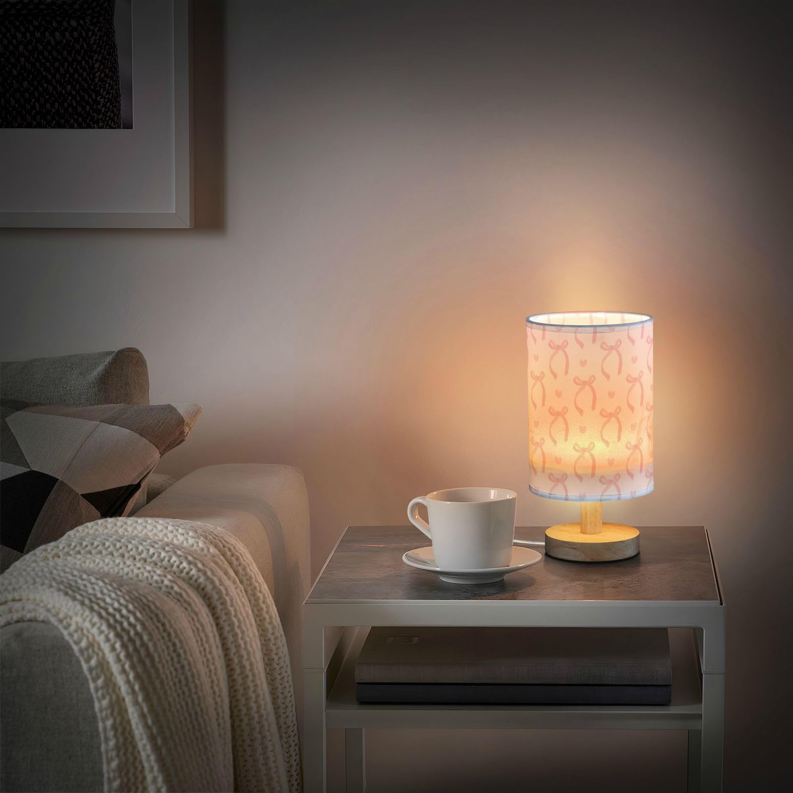 Wusikd Cute Pink Table Lamp Ribbon Bow Led Desk Light Usb Nightstand Lamp With Non Slip Wood Base & Eye-Friendily Lampshade For Living Room Bedroom Dorm Home Office Desk Decor