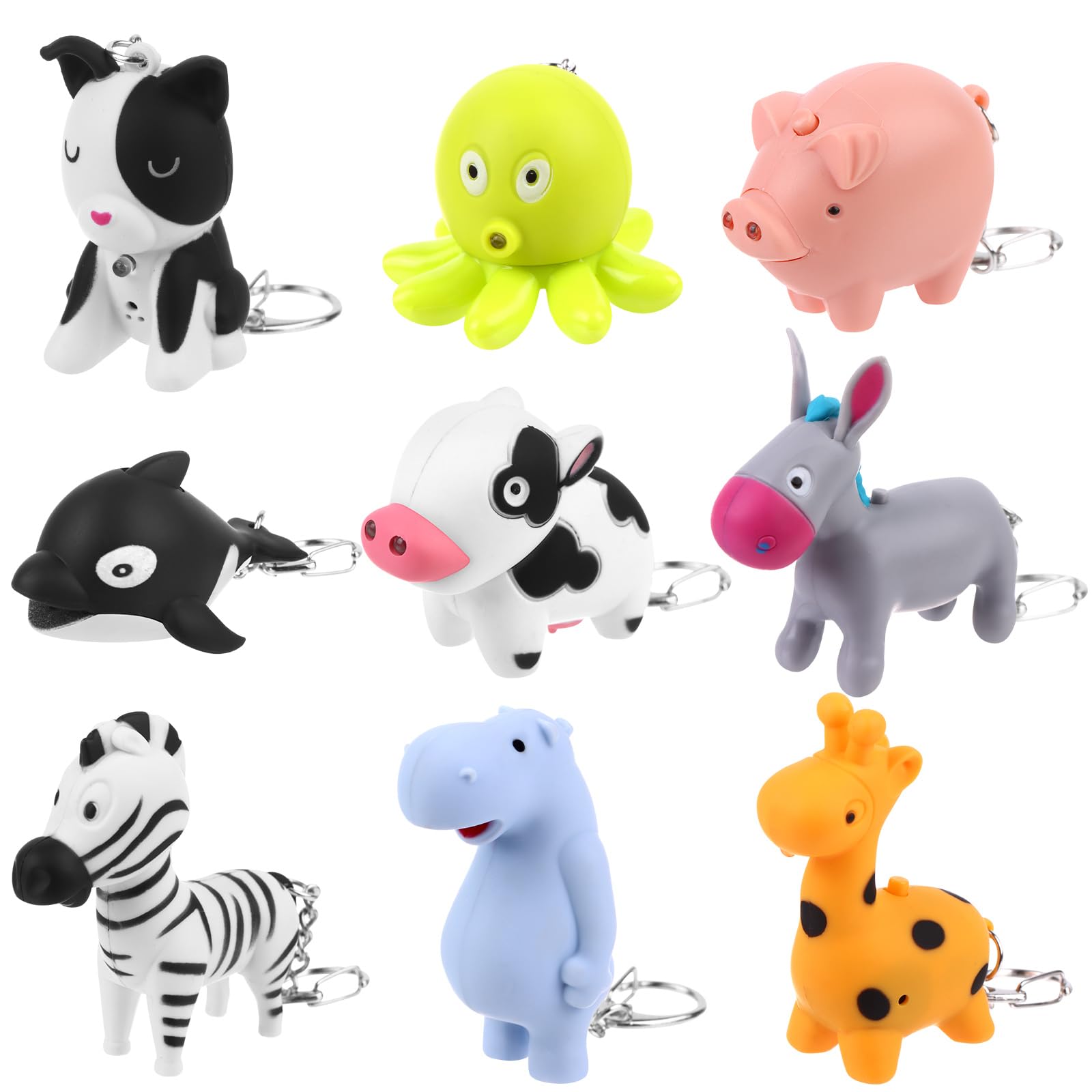 Oppaxf 9 Pcs Animal Flashlight Keychain - Pediatric Nurse Flashlight With Giraffe, Cow, Pig, Hippo, Octopus, Puppy, Horse, Whale, Little Donkey - Badge Reel