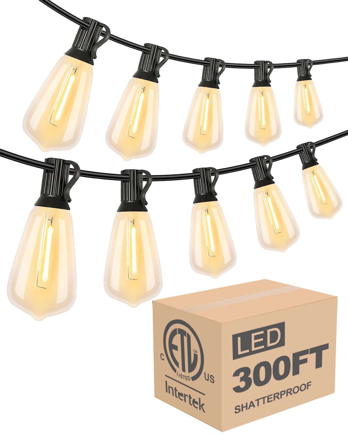 Lightdot 300Ft Outdoor String Lights, Led Bistro String Lights With Shatterproof St38 Vintage Bulbs, 2200K Dimmable, Waterproof Hanging Lights For Porch, Deck, Garden, Backyard, Balcony - Etl Listed