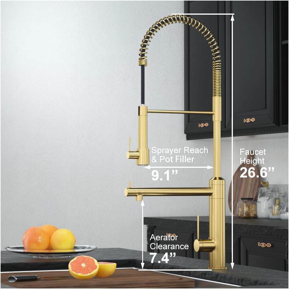 Cwm Brushed Gold Kitchen Faucet With Pull Down Sprayer And Pot Filler,2-Function High Arch Single Handle Commercial Style Kitchen Faucets With Spring Spout For Kitchen Sink,26.61Inch, Kh127