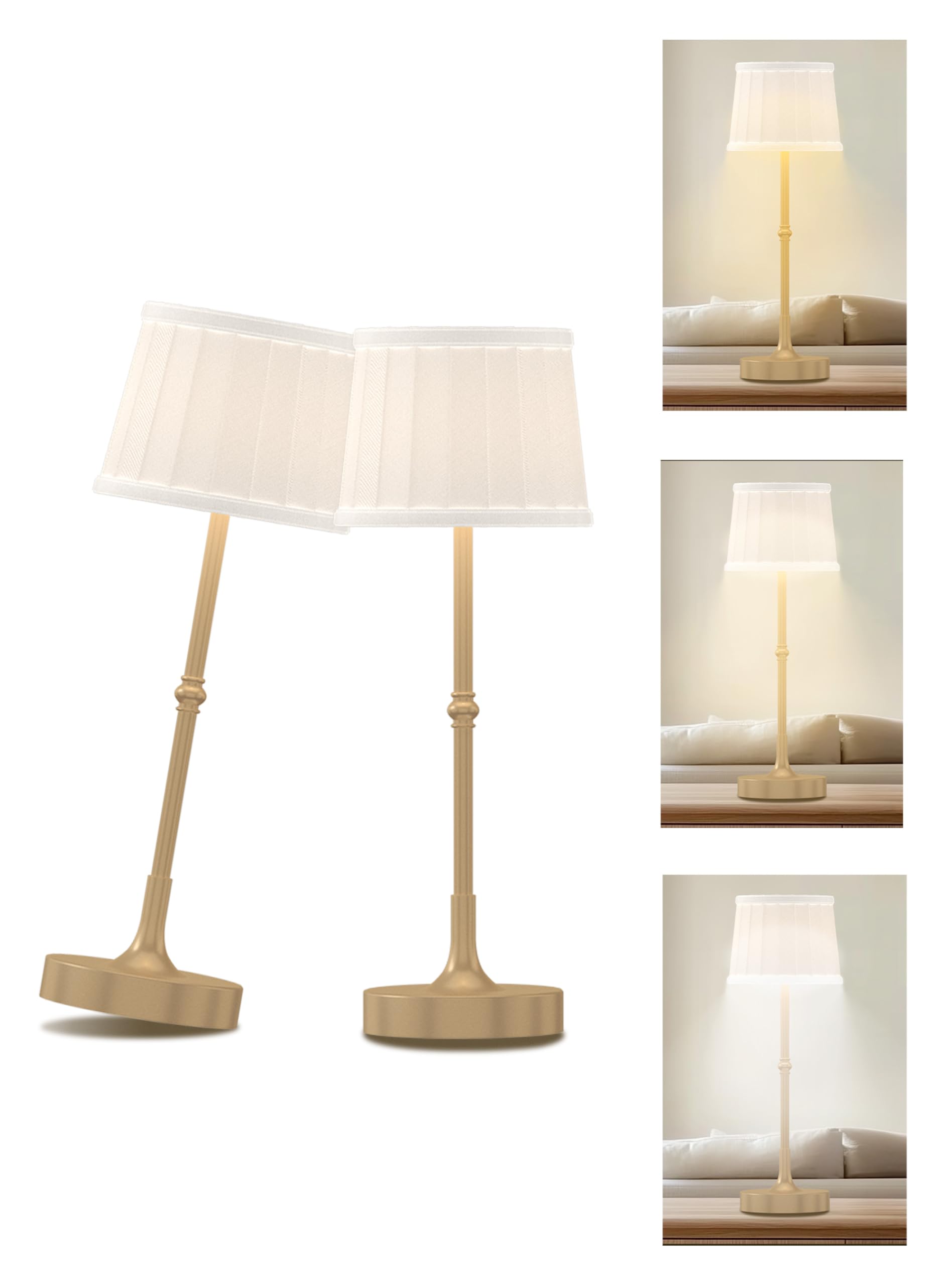 Joyoswo Set Of 2 Cordless Table Lamp,Rechargeable Fabric Shade Bedside Lamps,3 Color Temperature Stepless Dimming Led Table Lamp For Bedroom Living Room Kids Room End Table (Gold)