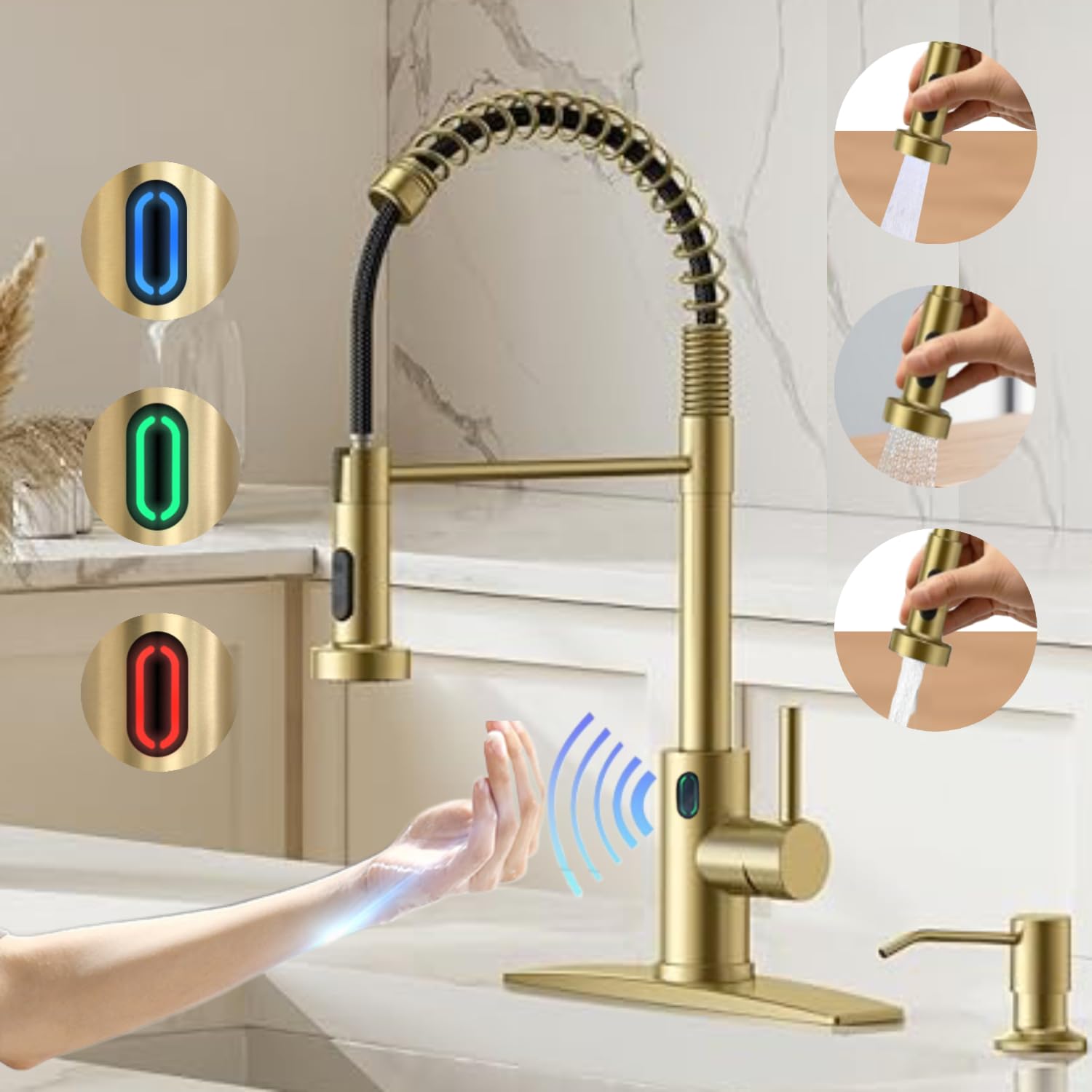 Videc Touch-Less Kitchen Faucet, 3 Modes Pull Down Sprayer, Led Temperature Control,Motion Sensor Activated,Ceramic Valve, 360-Degree Rotation, 1 Or 3 Hole Deck Plate. 20-Year . (Kw-79J. Gold)