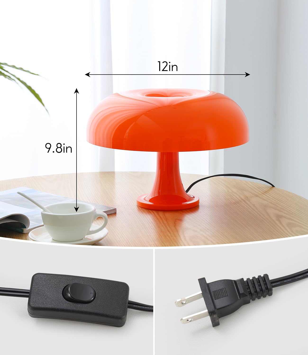 Anykonio Orange Mushroom Lamp, Minimalist Retro Vintage Table Lamp Night Light, Elegant Aesthetic For Women, Kids, Bedside Etc(Bulb Included, Plug Powered, 2700K)