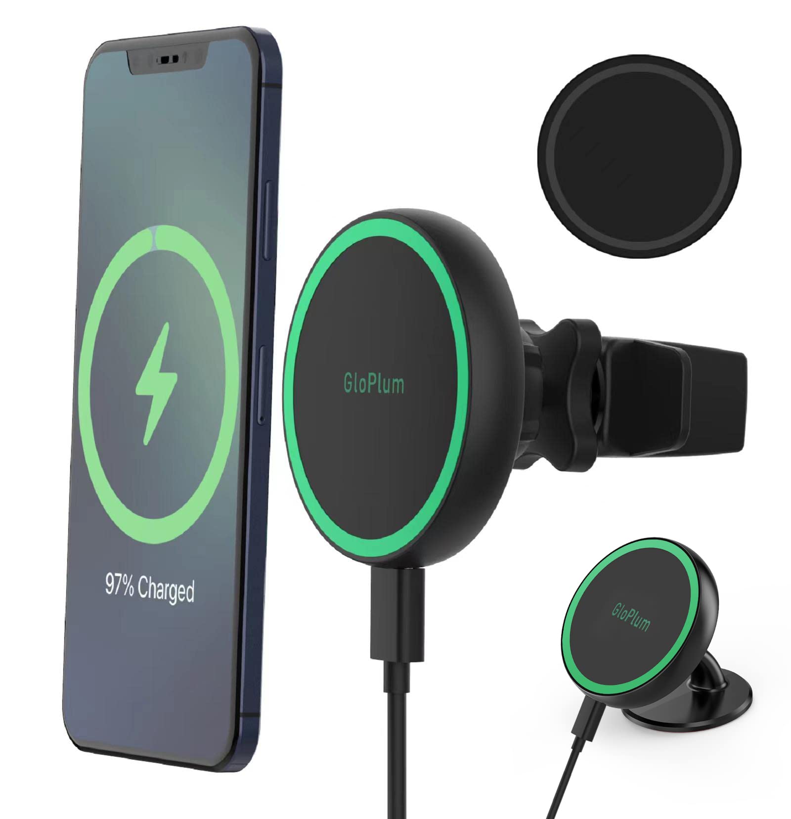 Gloplum Magnetic Wireless Car Charger Mount Compatible With Magsafe Iphone 15/ Iphone 14/Iphone 13, Fast Charging Air Vent Magnet Accessories Car Phone Holder