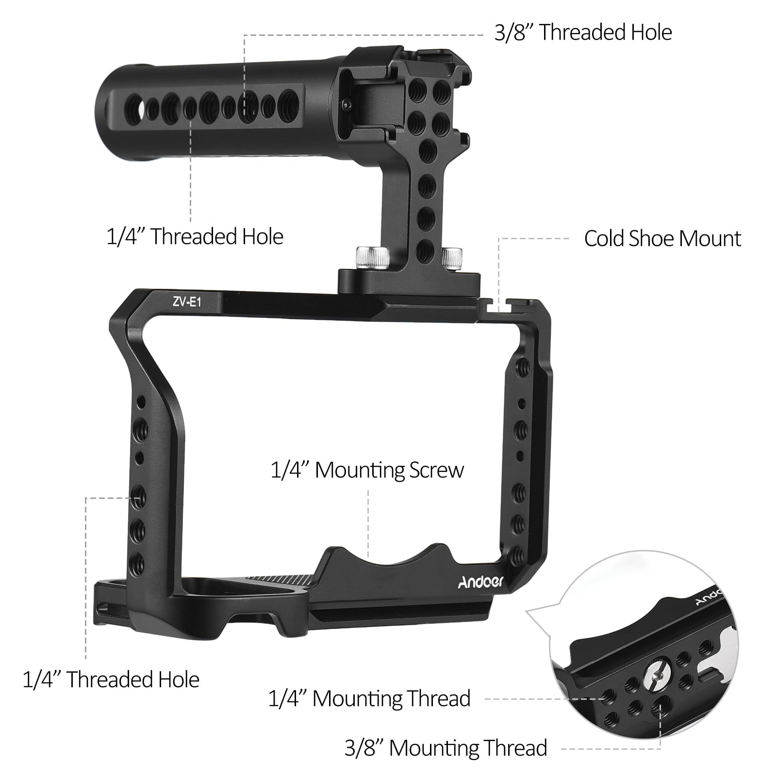 Andoer Camera Cage + Top Handle Kit Aluminum Alloy Camera Video Cage With Cold Shoe Mounts Numerous 1/4 Inch Threads Replacement For Sony Zv-E1 Camera