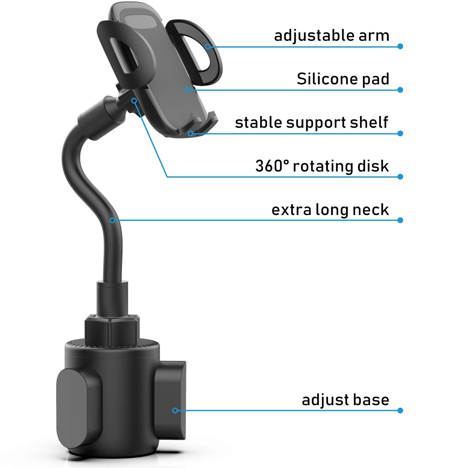 Bokilino Car Cup Holder Phone Mount, Adjustable Gooseneck Cup Holder Cradle Car Mount For Cell Phone Iphone 11 Pro/11 Pro Max/11/X/Xs/Xs Max/8/8Plus,Samsung,Huawei,Lg, Sony, Nokia (Black)