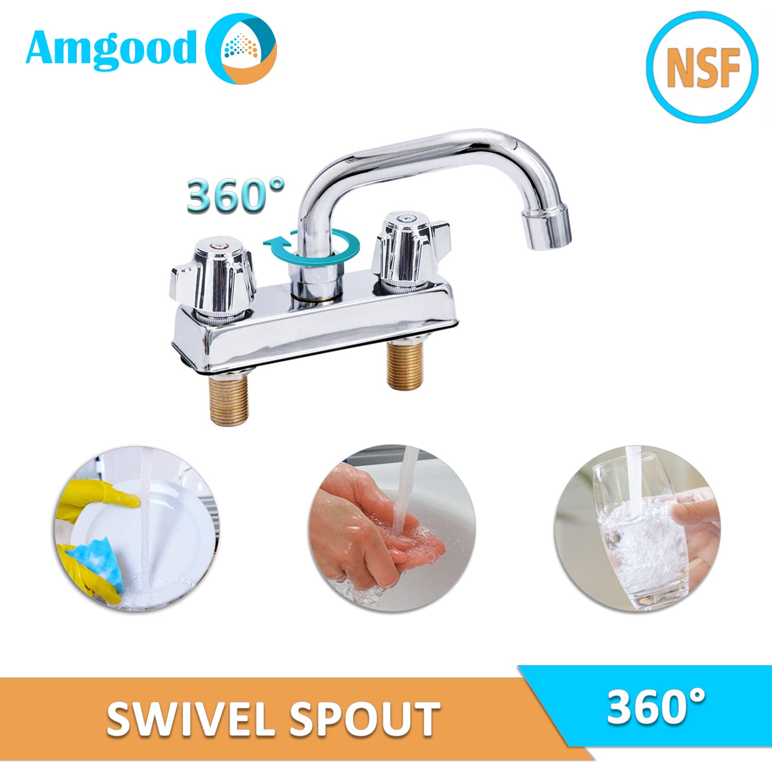 Amgood Deck Mount Kitchen Sink Faucet  6" Swivel Spout  4" Center  Nsf  Commercial Kitchen Utility Laundry