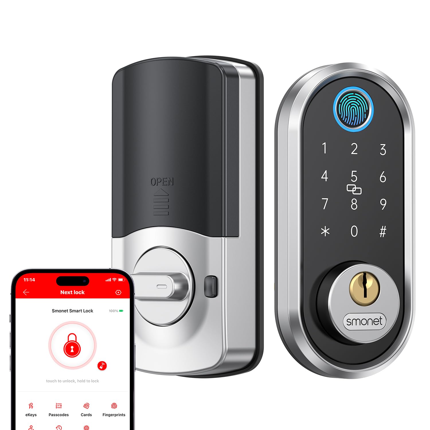 Smonet Pro Smart Fingerprint Deadbolt - Keyless Entry Touchscreen Deadbolt Lock, Smart Digital Door Lock For Front Door, Easy To Install, Compatible With Alexa