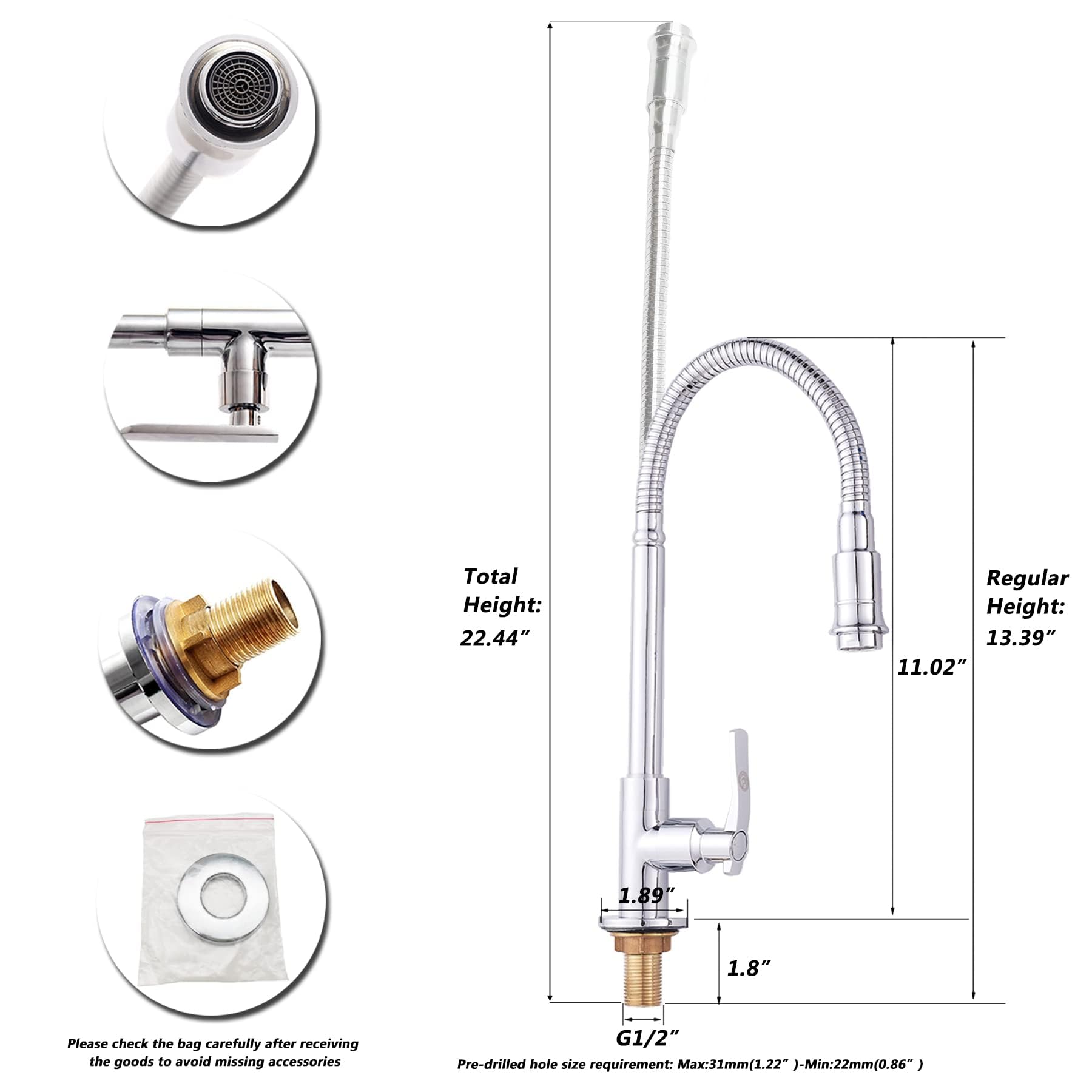 Inchant Single Lever Flexible Pull Out Kitchen Water Tap Sink Faucet Single-Tube Cold Water Basin Taps Vanity Vessel Faucets Deck Mount Chrome Finish