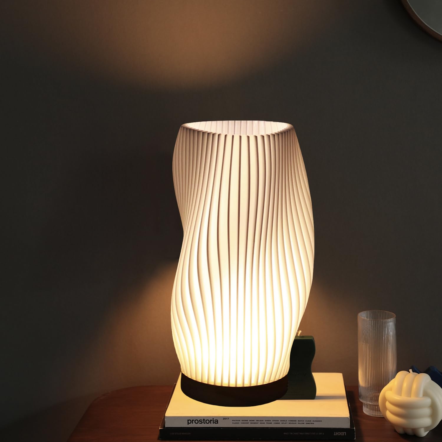 Wxrhiyer Bedroom Table Lamp With Wooden Base - Adjustable 3 Light Modes,3D Printed Lampshade Modern Nightstand Lamp,Suitable For Living Room,Desk (Curve)
