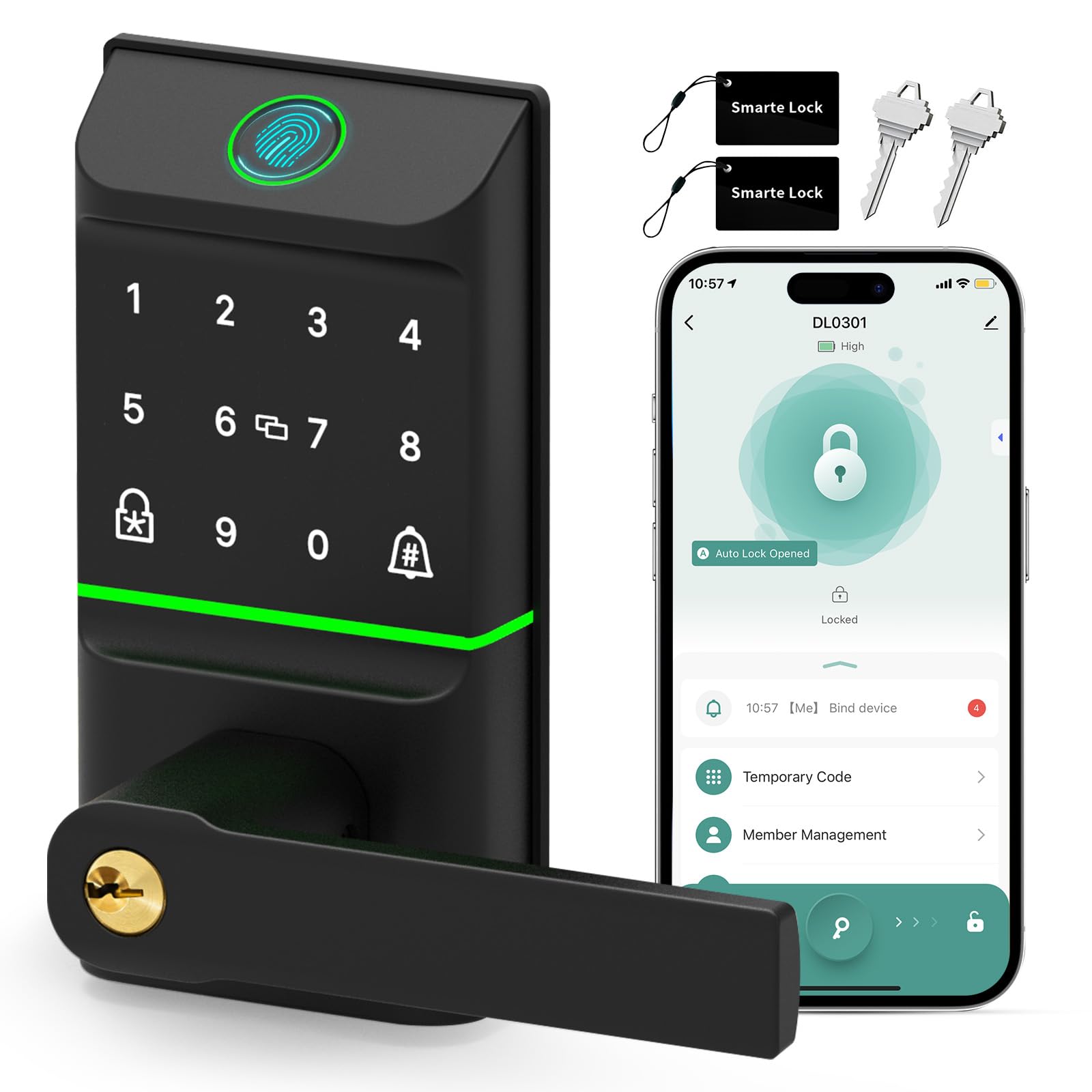 Mutak Keyless Entry Smart Door Lock With Doorbell, 6 In 1 Biometric Electric Digital Deadbolt Fingerprint Touchscreen Keypad App Ic Card With 2 Lever Handles For Front Doors Home Office Apartment