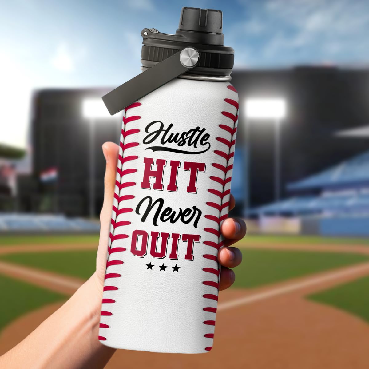 Sandjest Baseball Water Bottle 32Oz Hustle Hit Never Quit Stainless Steel Insulated Bottle