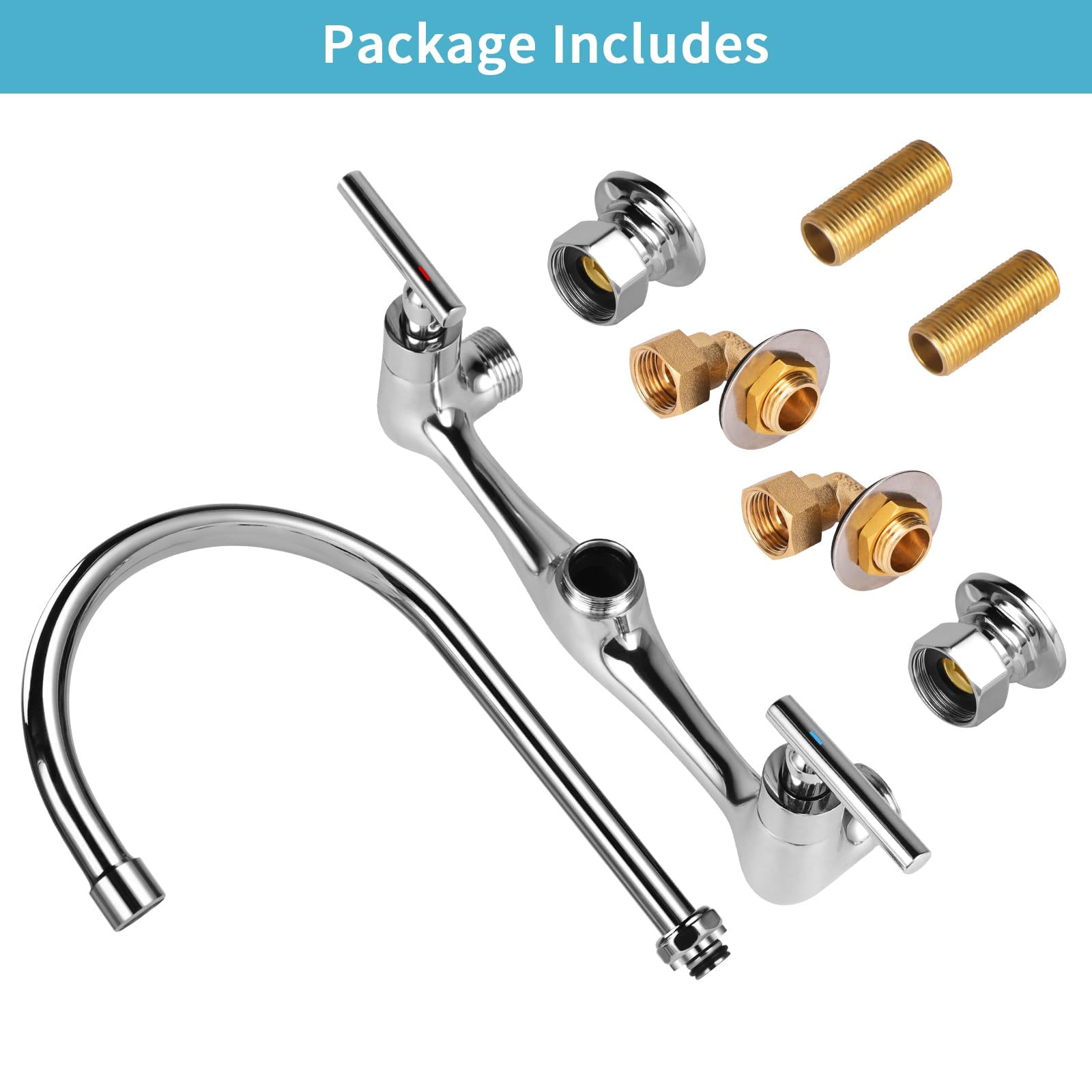 Tnroted Wall Mount Kitchen Faucet With 8" Gooseneck Swivel Spout, 8 Inch Center Commercial Kitchen Sink Faucet 2 Handle Wall Mount Utility Sink Faucet For Kitchen Restaurant Compartment Sink