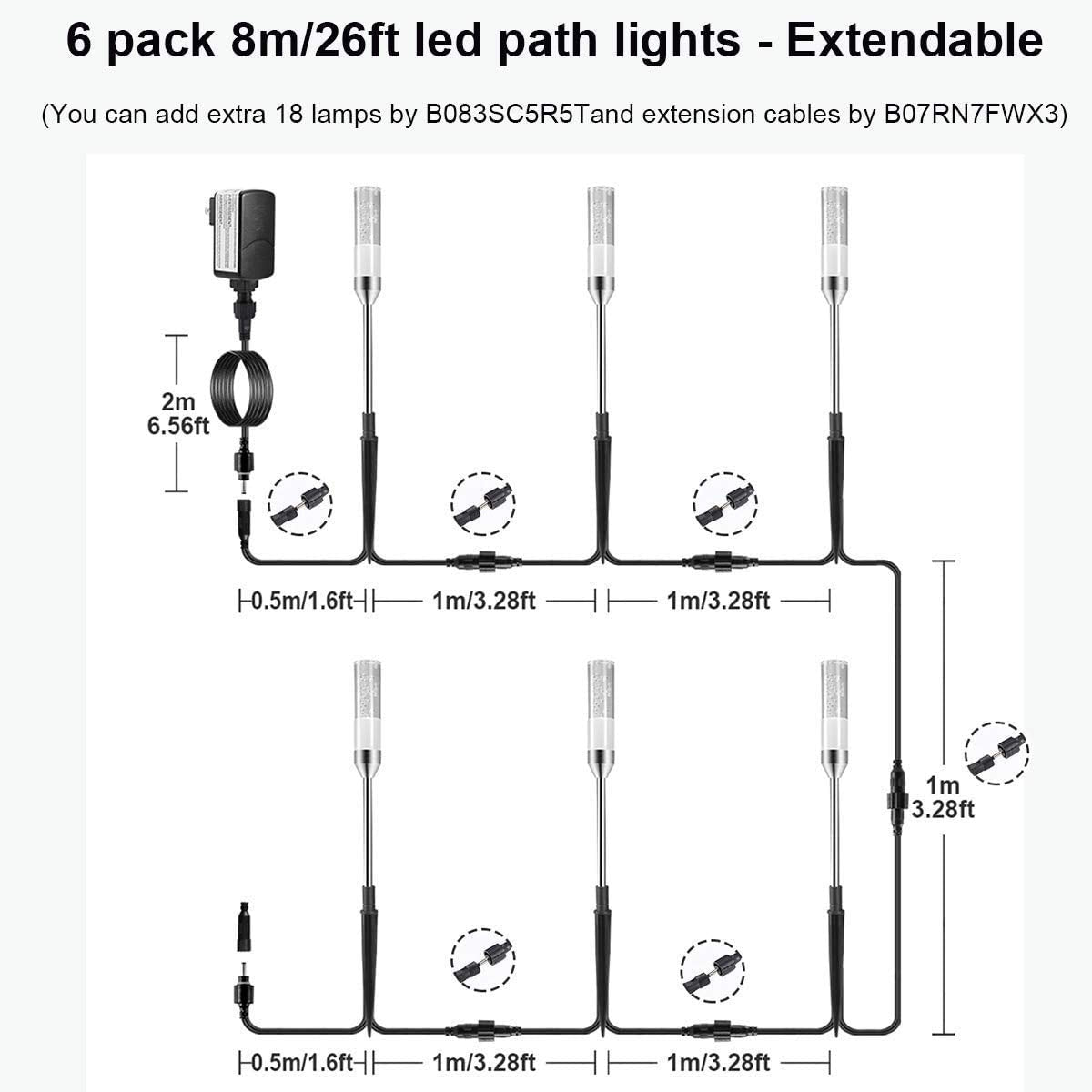Greenclick 6 Pack Led Path Lights & 2 Pack 13.12Ft Extension Cords