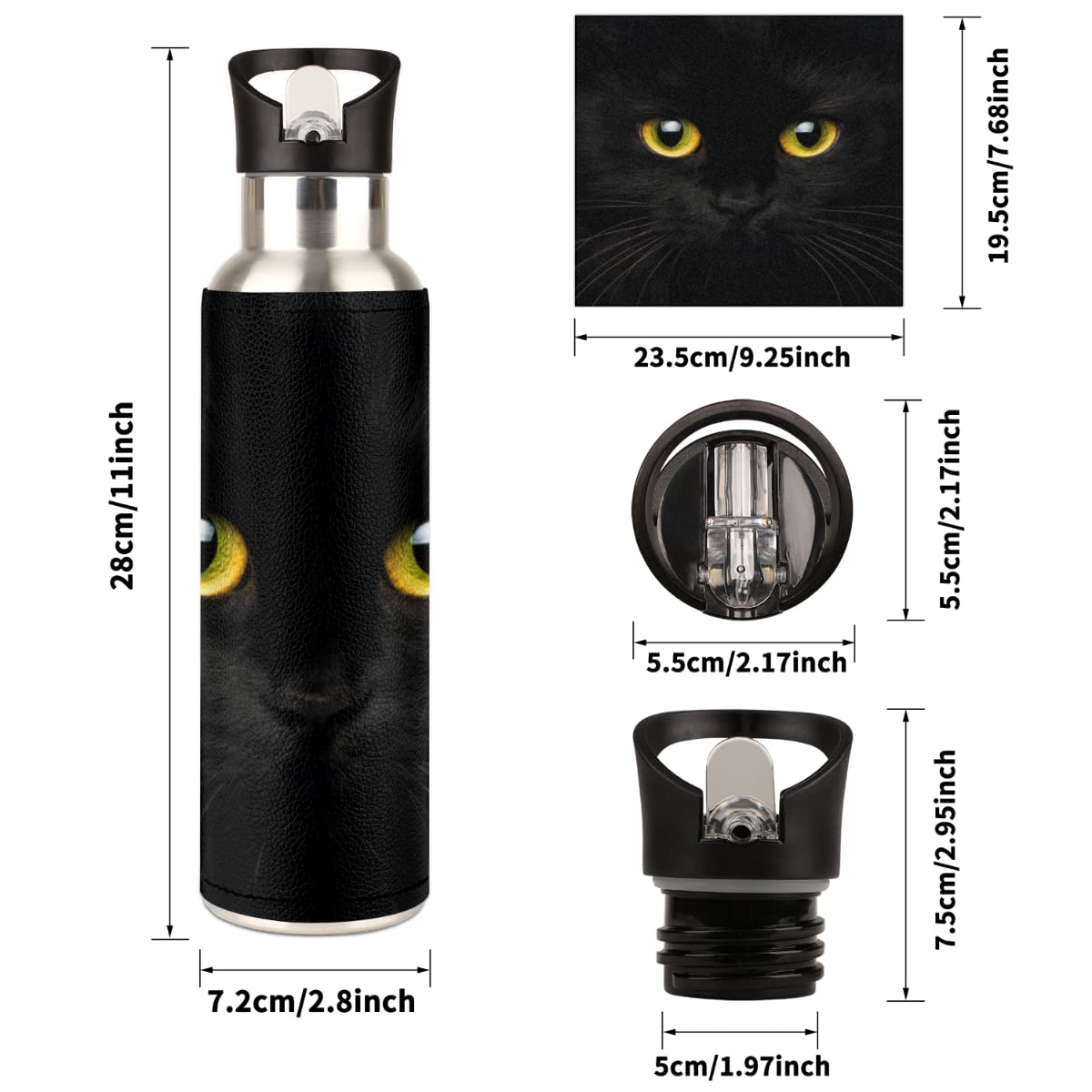 Insulated Stainless Steel Water Bottle With Straw 20Oz Cute Black Animal Cat Sports Water Bottles